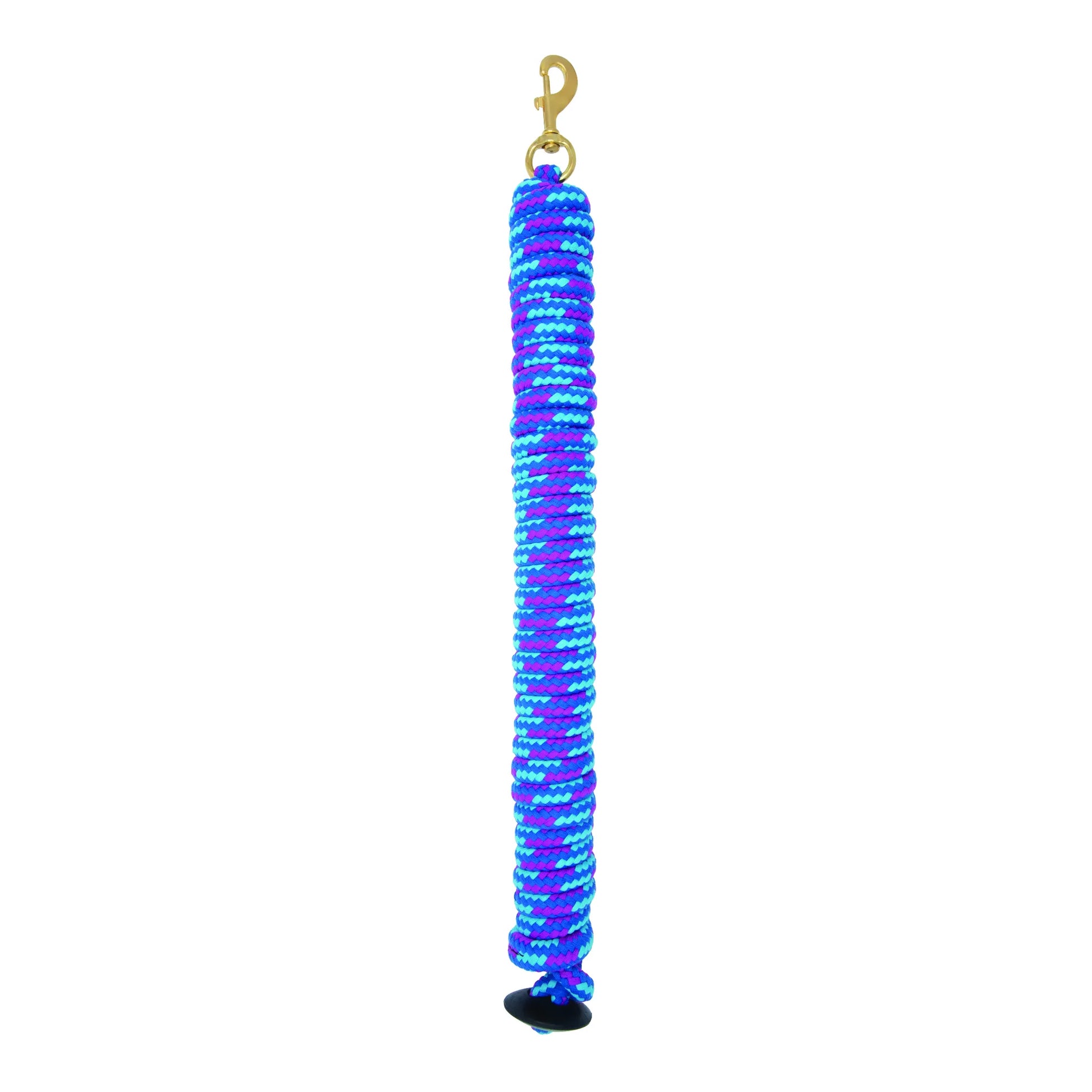 Weaver Leather Cotton Lunge Line, 25-foot horse training lead in a vibrant purple, blue, and teal pattern. This durable equestrian rope features a solid brass snap hook for secure attachment and a black rubber stopper for a comfortable grip. Essential for horse lunging and groundwork, this colorful cotton lead line combines style and functionality for trainers and riders.