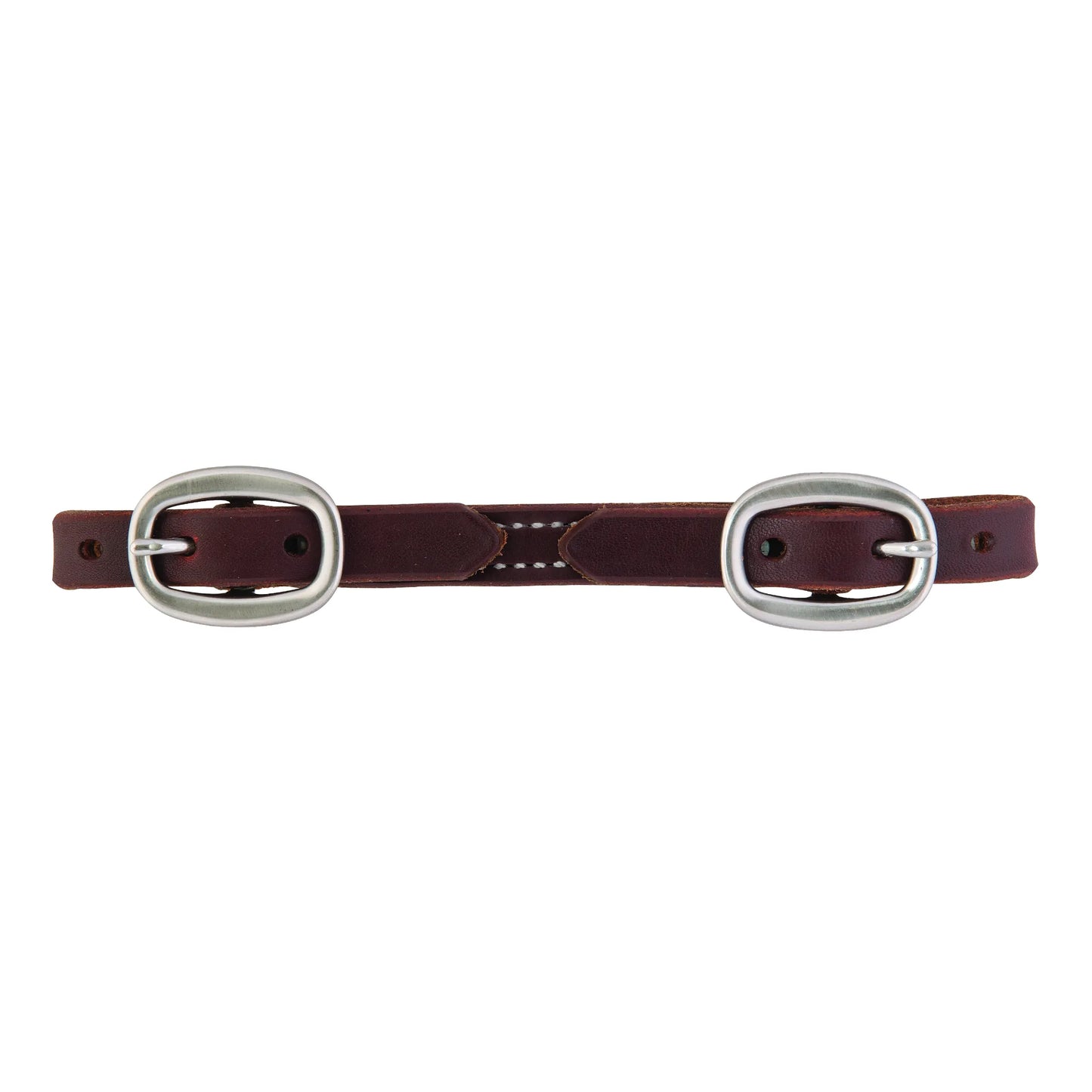 Weaver Leather Cowboy Curb Strap in rich mahogany leather with silver-tone buckles and classic white contrast stitching. This high-quality Western bridle accessory is designed for durability and a professional look. Ideal for Western riding, this adjustable leather curb strap ensures a secure and comfortable fit for your horse's tack setup, combining premium craftsmanship with essential functionality.