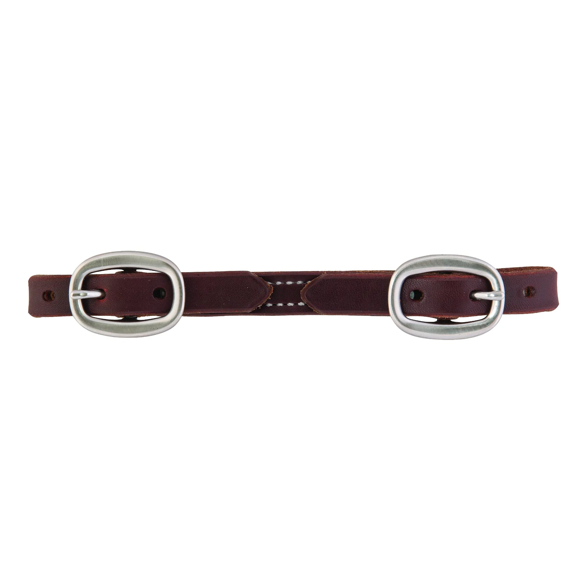 Weaver Leather Cowboy Curb Strap in rich mahogany leather with silver-tone buckles and classic white contrast stitching. This high-quality Western bridle accessory is designed for durability and a professional look. Ideal for Western riding, this adjustable leather curb strap ensures a secure and comfortable fit for your horse's tack setup, combining premium craftsmanship with essential functionality.