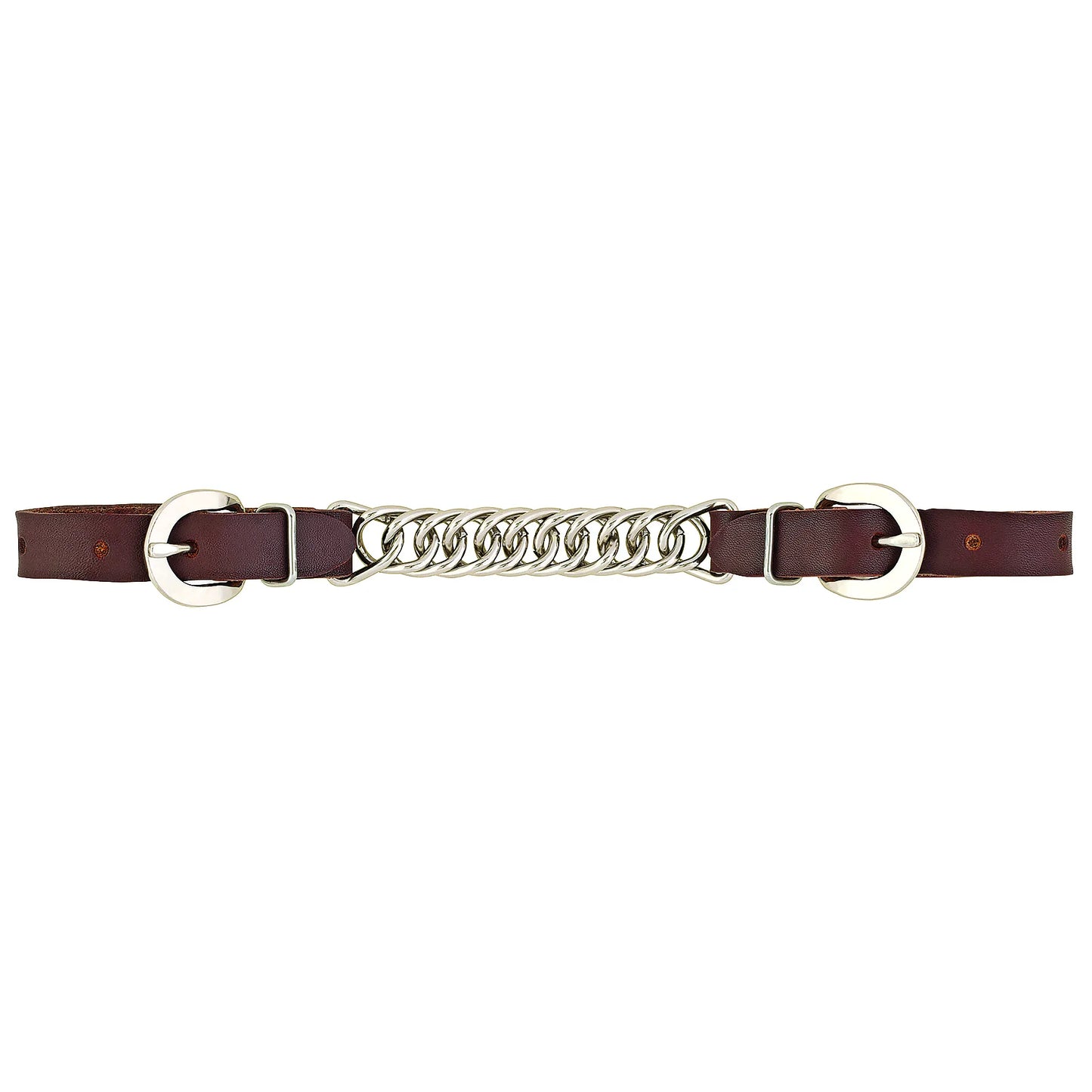 Weaver Leather Cowboy Curb Strap featuring premium dark brown leather and a heavy-duty double-link silver chain. This high-quality horse tack accessory includes adjustable straps with nickel-plated buckles and keepers for a secure fit. Ideal for western riding, training, and showing, this durable curb strap offers professional performance and classic style for your bridle setup.