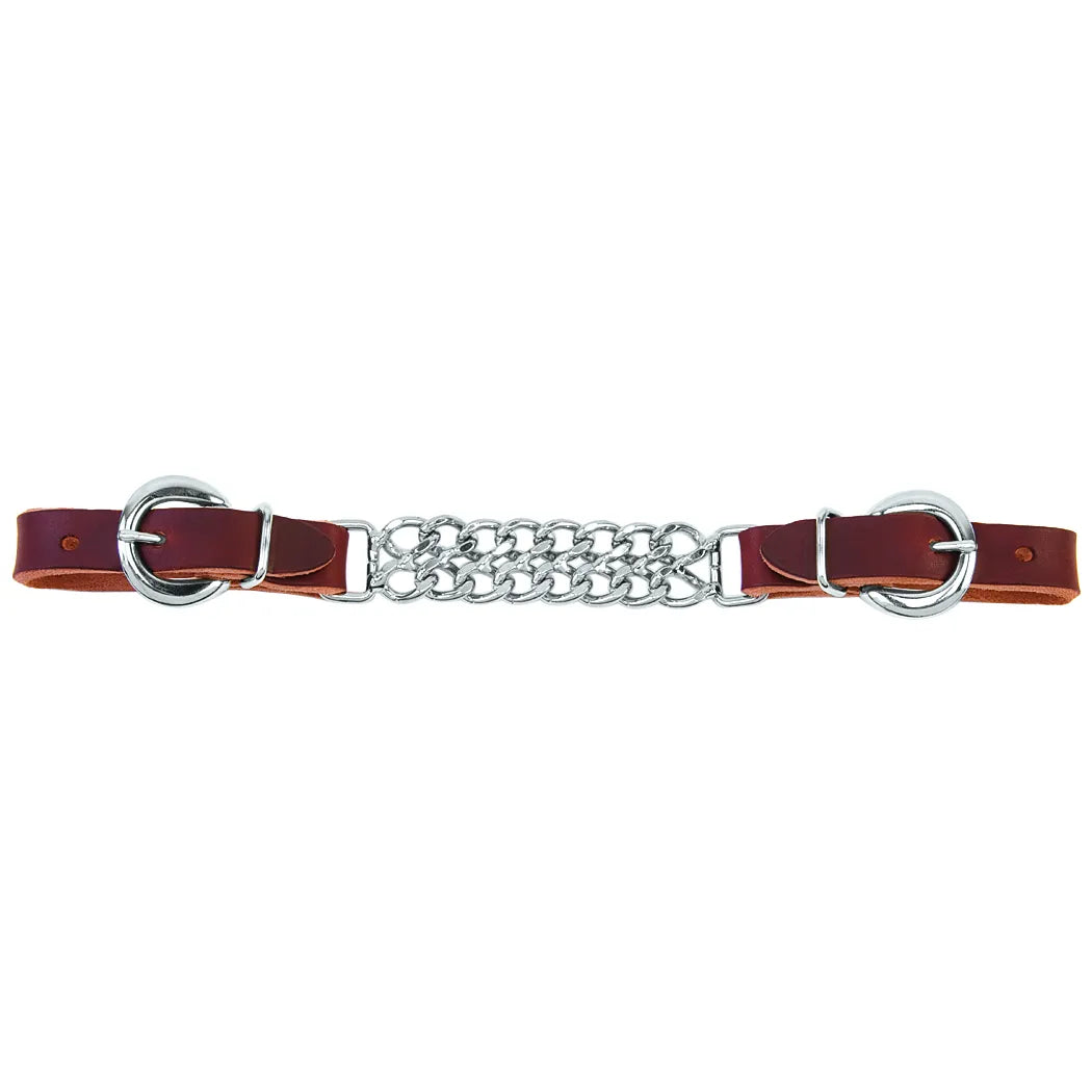 Weaver Leather Cowboy Curb Strap in rich mahogany leather featuring a chrome-plated double-link chain. This durable western horse tack includes adjustable buckles on both ends for a precise fit. A premium quality equestrian accessory designed for style and long-lasting performance in the arena or on the trail.