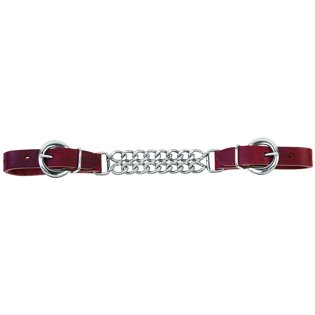 Weaver Leather Curb Strap featuring rich burgundy latigo leather ends and a durable double flat link silver-tone chain center. This adjustable western horse tack essential includes chrome-plated buckles for a secure, custom fit on western bits. A stylish and functional addition to any equestrian's headstall and bridle setup, perfect for western riding.