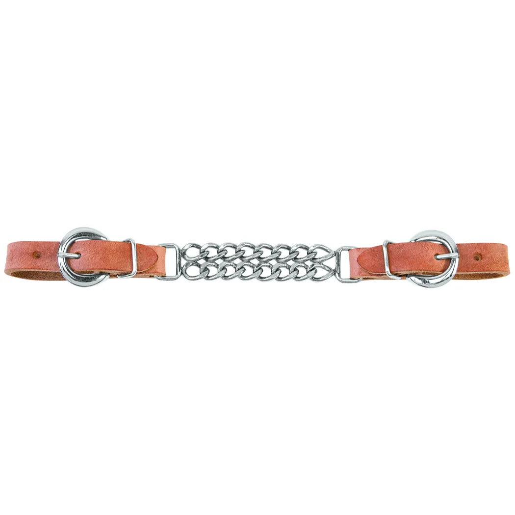 Weaver Leather Curb Strap featuring a double flat link stainless steel chain for enhanced control and a professional look. This durable western horse tack includes adjustable medium brown leather ends with polished round silver buckles and keepers. Perfect for western bridles and bits, this high-quality curb chain provides a secure fit and effective communication for equestrian riders.