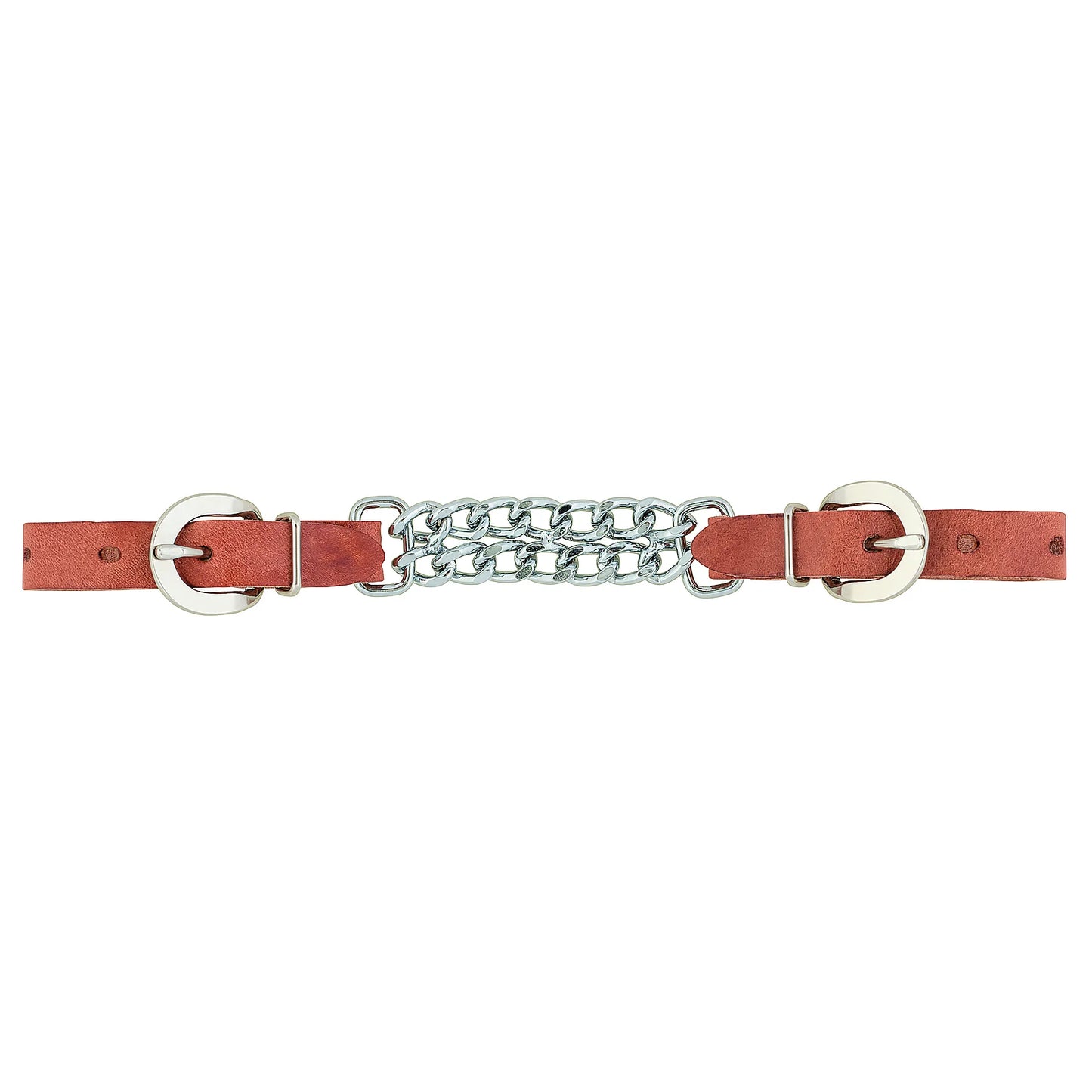 Weaver Leather Curb Strap crafted from durable russet harness leather and a double-row flat link chrome-plated chain. This high-quality horse tack accessory features two adjustable buckles for a custom fit on western bits. A professional-grade equestrian staple designed for longevity and precise control, ideal for adding a classic look to your bridle. Perfect for riders seeking reliable, heavy-duty horse training gear for the arena or trail.