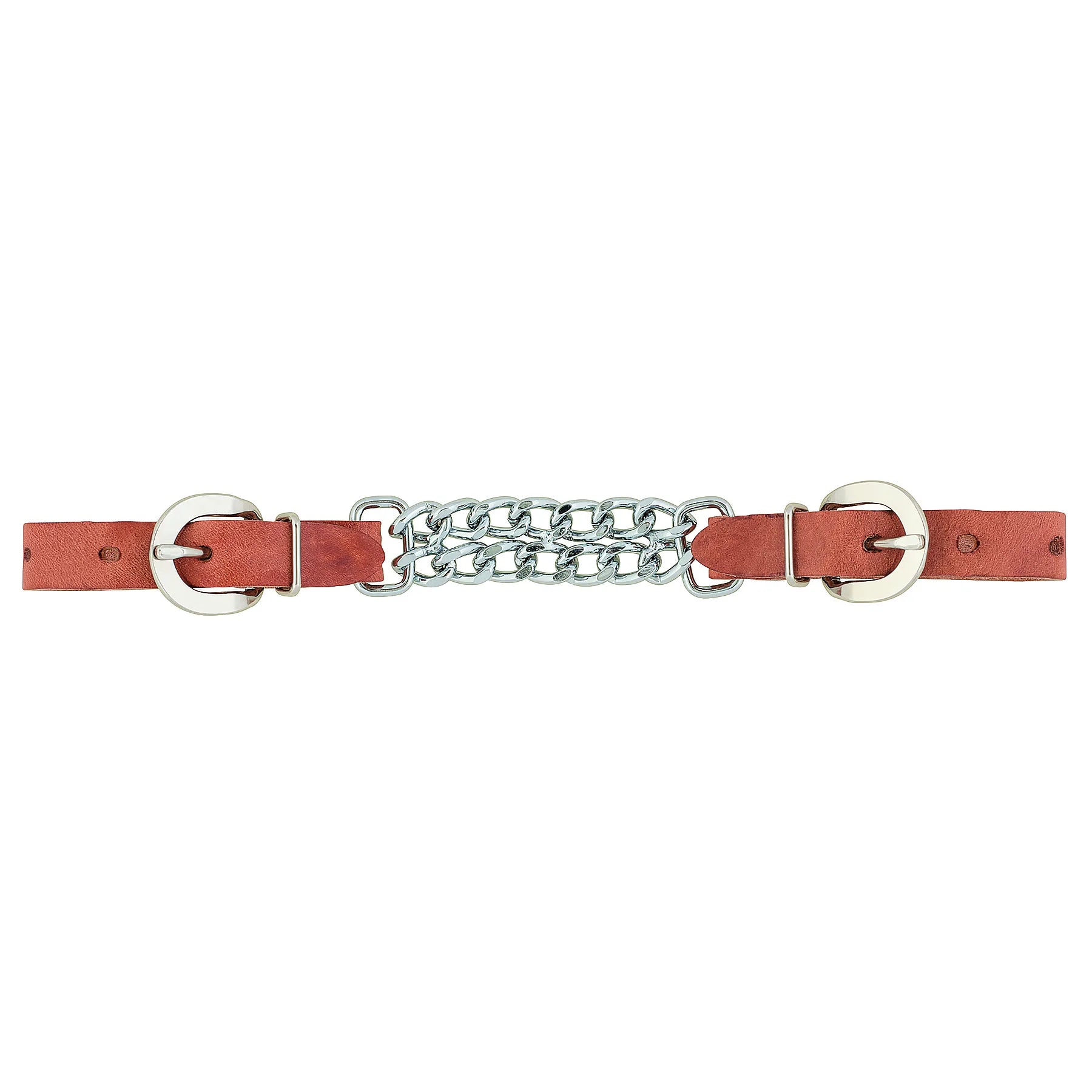 Weaver Leather Curb Strap crafted from durable russet harness leather and a double-row flat link chrome-plated chain. This high-quality horse tack accessory features two adjustable buckles for a custom fit on western bits. A professional-grade equestrian staple designed for longevity and precise control, ideal for adding a classic look to your bridle. Perfect for riders seeking reliable, heavy-duty horse training gear for the arena or trail.