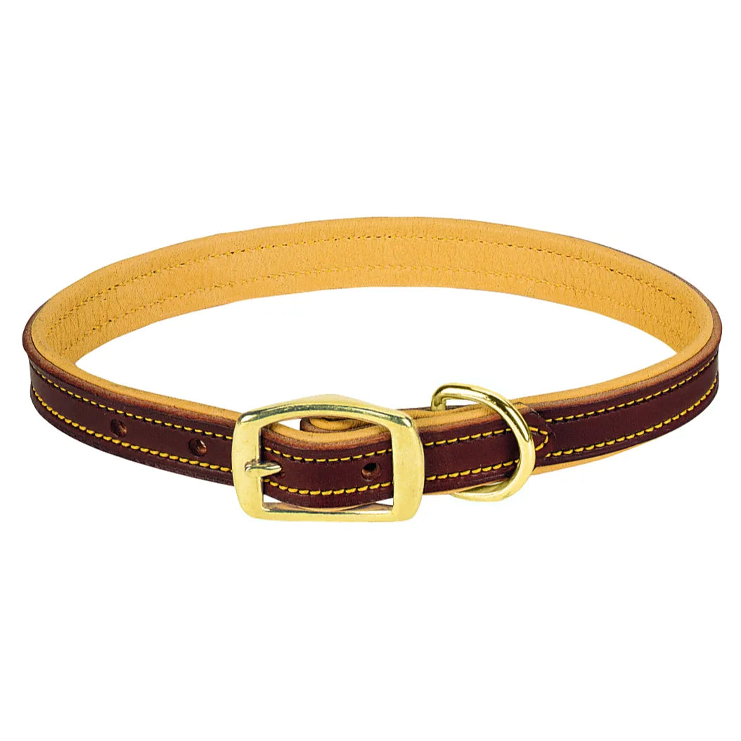 Weaver Leather Deer Ridge Dog Collar in rich brown leather featuring a soft, tan-padded lining for maximum comfort. This durable, luxury pet accessory includes high-quality brass hardware, a sturdy buckle, and classic yellow stitching. Perfect for stylish and active dogs, this adjustable leather collar combines a classic heritage look with rugged performance.