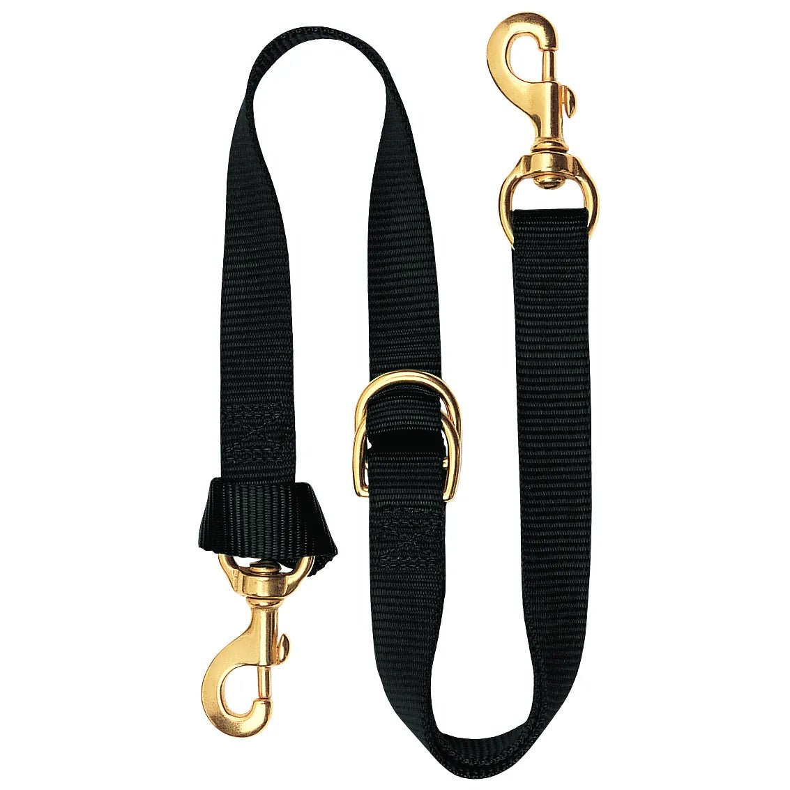 Weaver Leather Deluxe 40" Tie Down for horses, crafted from heavy-duty black nylon with premium solid brass hardware. Features two durable swivel snap hooks and an adjustable buckle for a precise, secure fit. This essential equestrian training gear is perfect for western riding and horse control, offering a blend of rugged durability and professional style for your tack collection.