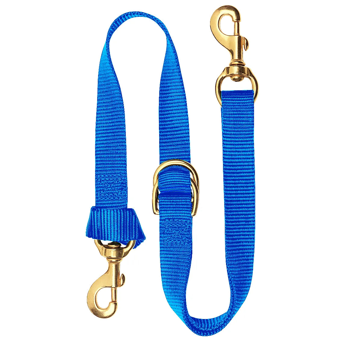 Weaver Leather Deluxe Tie Down in royal blue nylon webbing. This 40-inch equestrian essential features premium solid brass-plated swivel snaps and a durable D-ring for secure horse training. High-quality construction with reinforced stitching ensures long-lasting performance and reliability. Ideal for riders seeking professional-grade horse gear, this vibrant blue tie down combines style and function for any stable or trail ride.
