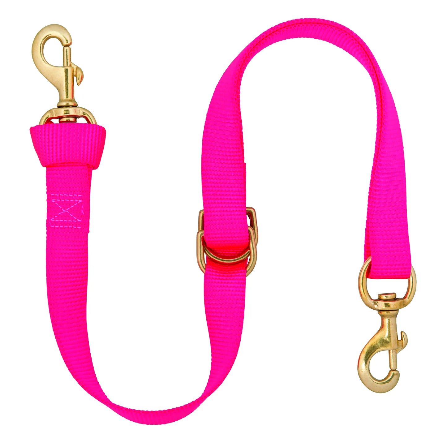 Vibrant Weaver Leather Deluxe 40-inch neon pink nylon horse tie-down featuring heavy-duty brass-plated swivel snaps and an adjustable design. This high-quality equestrian accessory offers both security and style for horse training and western riding. Durable, weather-resistant nylon webbing and secure hardware make it a must-have piece of horse tack for any stable.