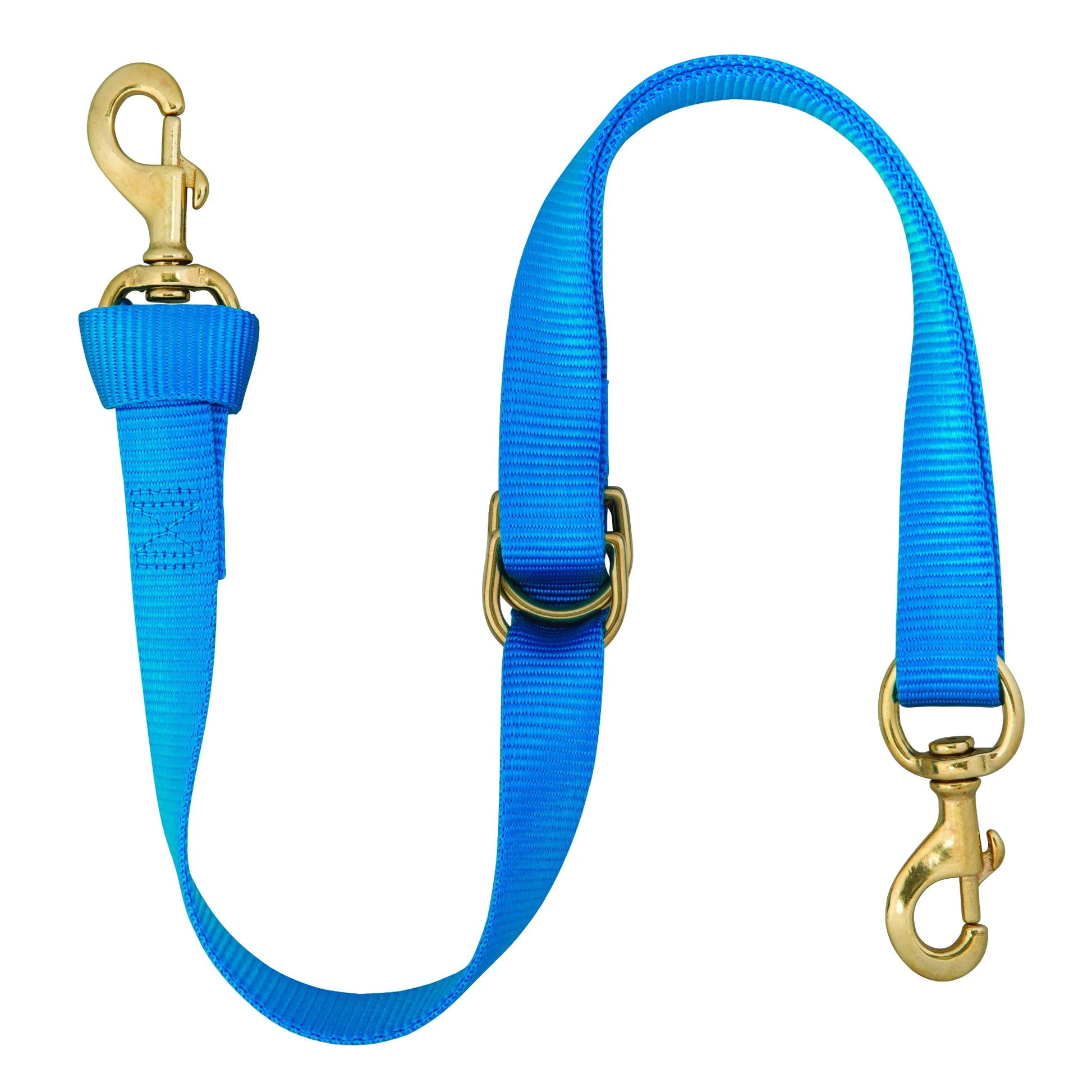 Weaver Leather Deluxe Tie Down 40" in bright blue nylon with solid brass hardware. This essential equestrian gear features two heavy-duty snap hooks and an adjustable sliding D-ring for a custom fit. Perfect for horse training and western riding, this durable royal blue strap offers a secure and stylish addition to your horse tack collection.