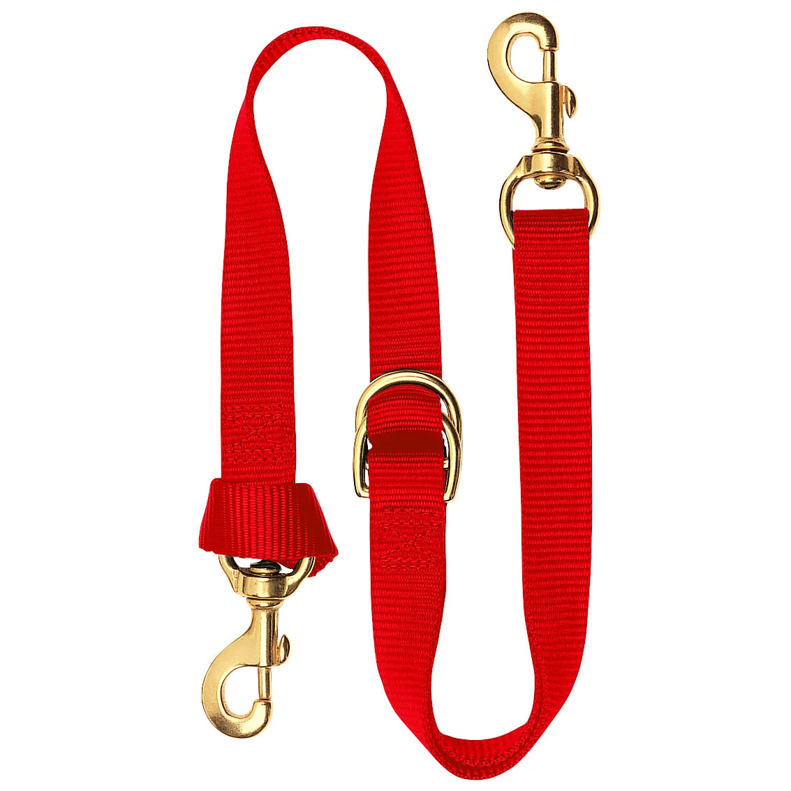 Weaver Leather Deluxe Tie Down in vibrant red nylon. This 40-inch adjustable horse tie-down features heavy-duty brass-plated swivel snaps and a durable slide for a secure, customized fit. Essential equestrian gear for horse training and riding, combining professional performance with a stylish design. Perfect for adding a pop of color to your horse tack collection.