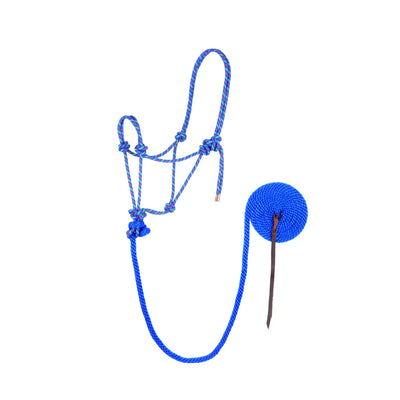 Weaver Leather Royal Blue Diamond Braid Rope Halter and Lead set for horses. Features a durable, one-piece construction with a knotted design for effective pressure points and an attached lead rope with a leather popper. Ideal for training and everyday ground work, this high-quality horse halter set combines style and functionality with its vibrant multicolored accents and royal blue braided poly rope.