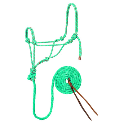 Weaver Leather Diamond Braid Rope Halter and Lead in vibrant teal with orange flecks. This hand-knotted horse training halter is crafted from durable nylon for precision and control. Includes a matching lead rope finished with traditional leather poppers. Ideal for groundwork and everyday equestrian use, this high-quality set combines professional performance with a bright, stylish look. Perfect for your horse tack collection.