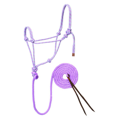 Weaver Leather Diamond Braid Rope Halter and Lead set in lavender purple and mint. Hand-tied knotted halter for effective communication during horse training and groundwork. Includes a matching coiled lead rope with a durable leather popper. High-quality equestrian tack made with strong diamond braid rope for long-lasting use. Stylish and functional purple horse halter set, ideal for training, ranch work, or daily stable tasks.