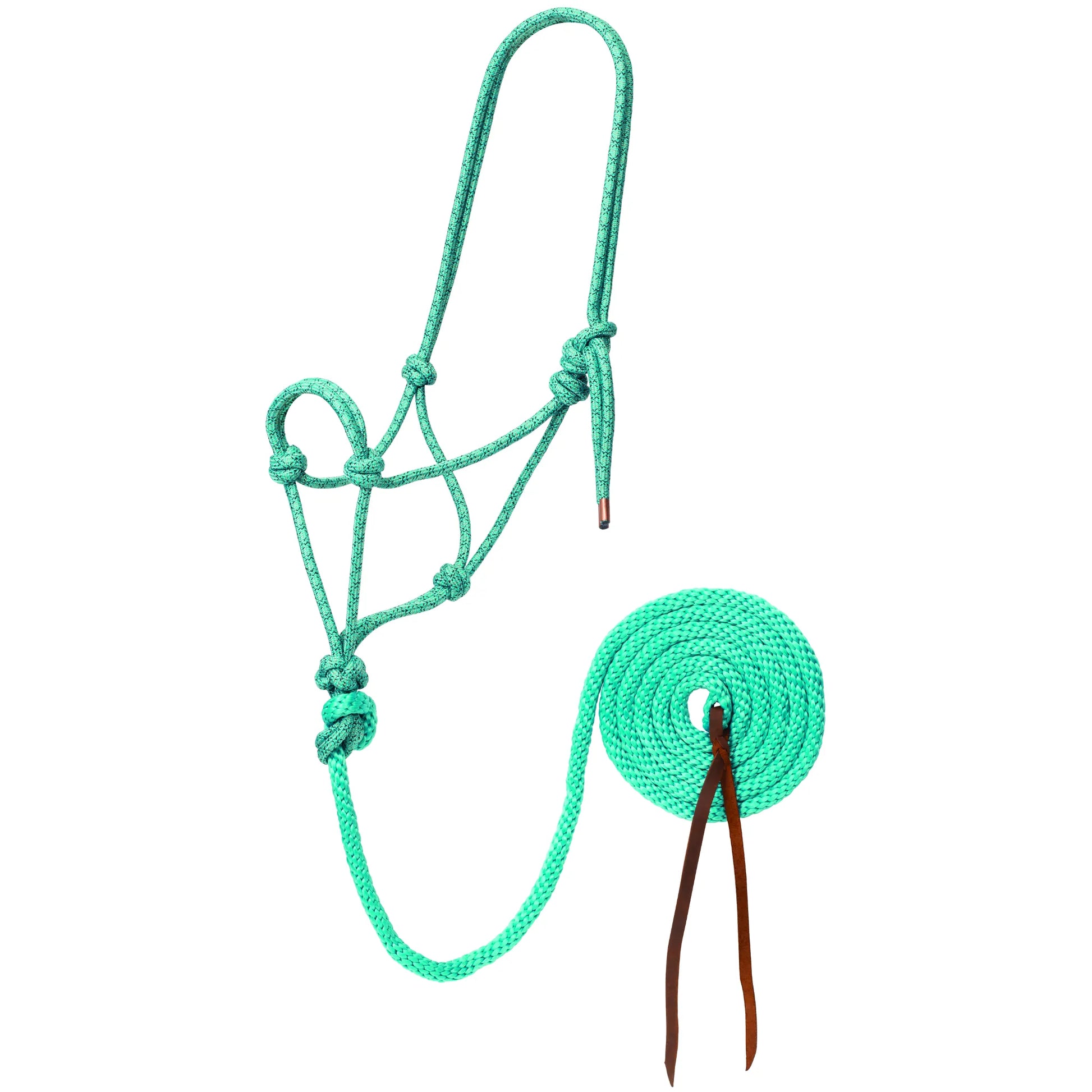 Weaver Leather Diamond Braided Rope Halter with matching 10ft lead rope in Turquoise/Brown/Tan. This durable horse training set features hand-tied knots for precise control during groundwork and a 10-foot lead finished with genuine leather poppers. Perfect for everyday use or professional training, this stylish mint-green rope halter set offers strength, comfort, and professional performance for equestrians.
