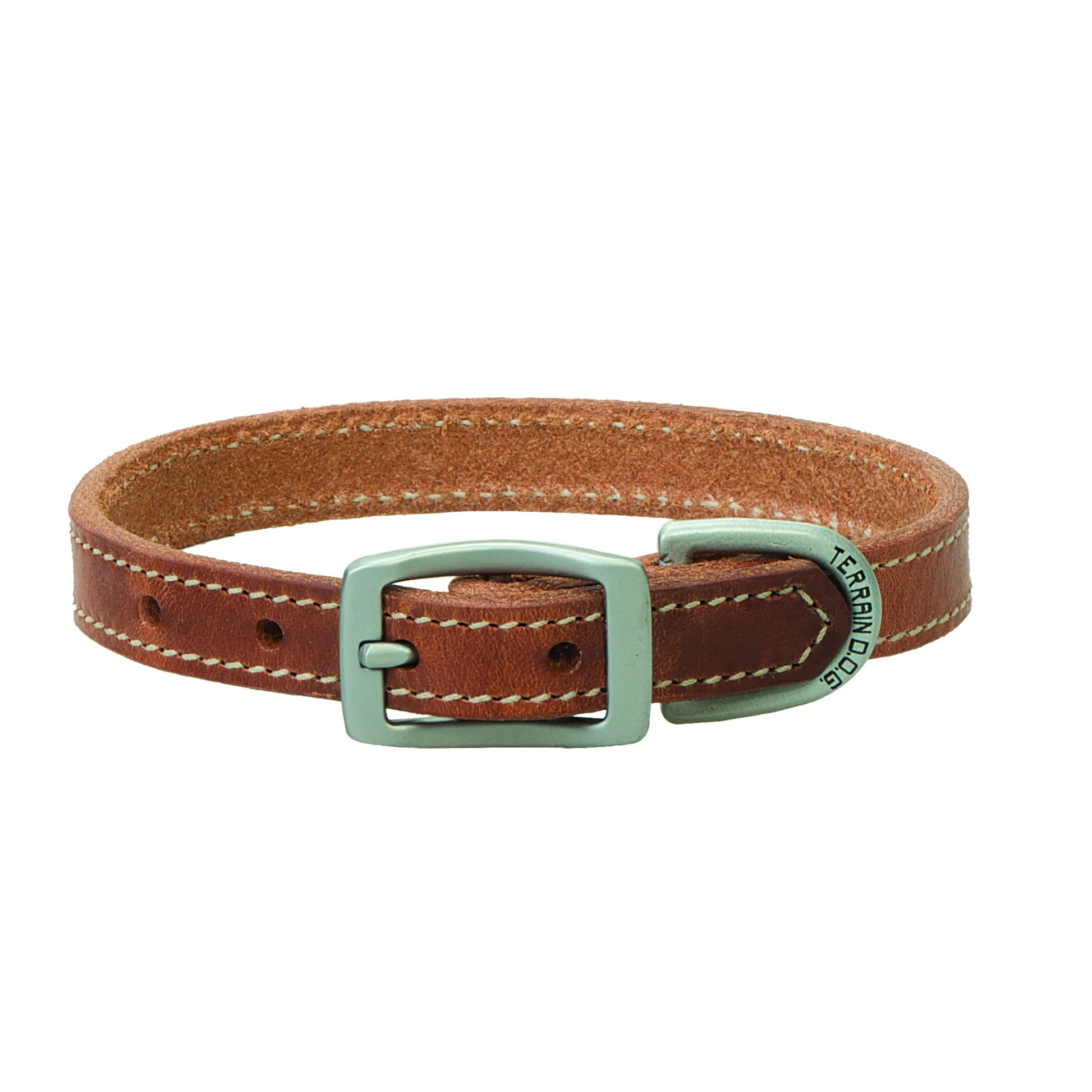 Brown leather dog collar by Weaver Leather featuring decorative white stitching and a rugged brushed-nickel buckle. This durable pet accessory includes a Terrain D.O.G. branded metal keeper and multiple adjustment holes for a secure fit. A stylish and high-quality leather collar perfect for active pups, outdoor adventures, and classic daily wear.