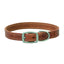 Durable brown Weaver Leather dog collar featuring high-quality genuine leather and contrasting white stitching. This stylish pet accessory includes a matte silver buckle and a D-ring engraved with "TERRAIN D.O.G." for secure leash attachment. Perfect for active pups, this rustic leather collar combines strength and timeless style for any outdoor adventure.
