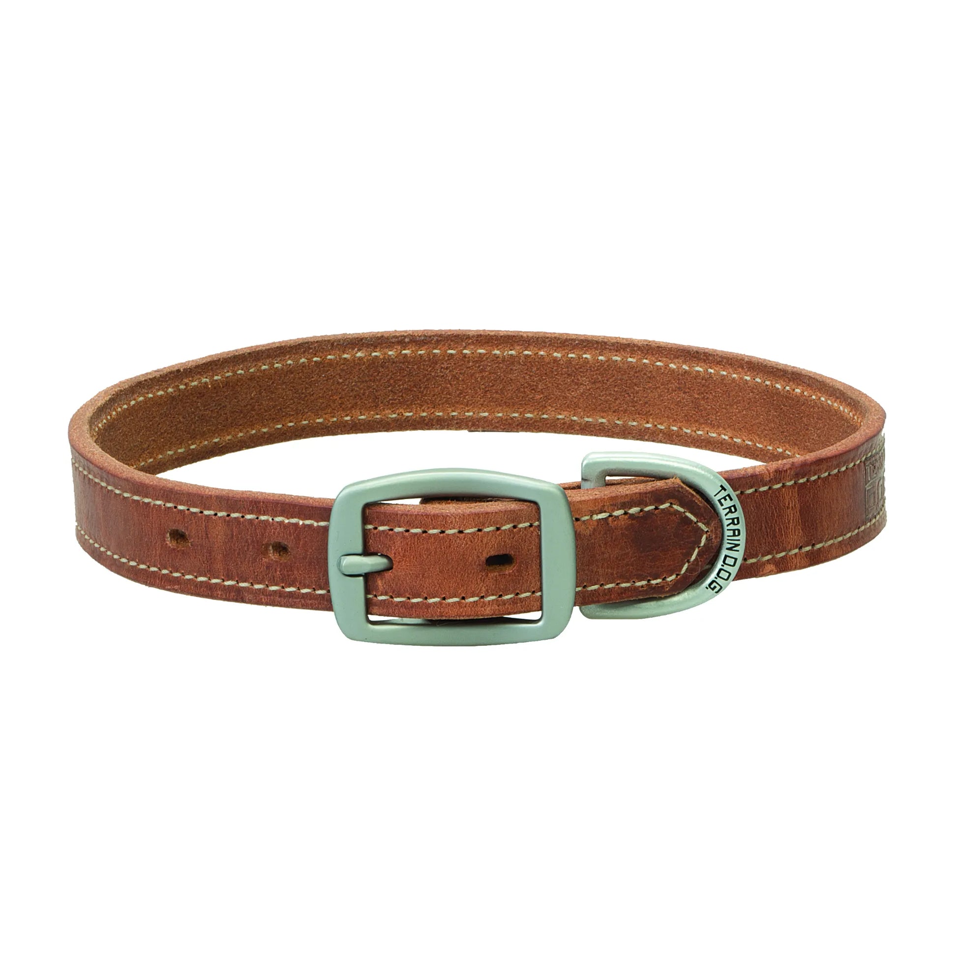Durable brown Weaver Leather dog collar featuring high-quality genuine leather and contrasting white stitching. This stylish pet accessory includes a matte silver buckle and a D-ring engraved with "TERRAIN D.O.G." for secure leash attachment. Perfect for active pups, this rustic leather collar combines strength and timeless style for any outdoor adventure.