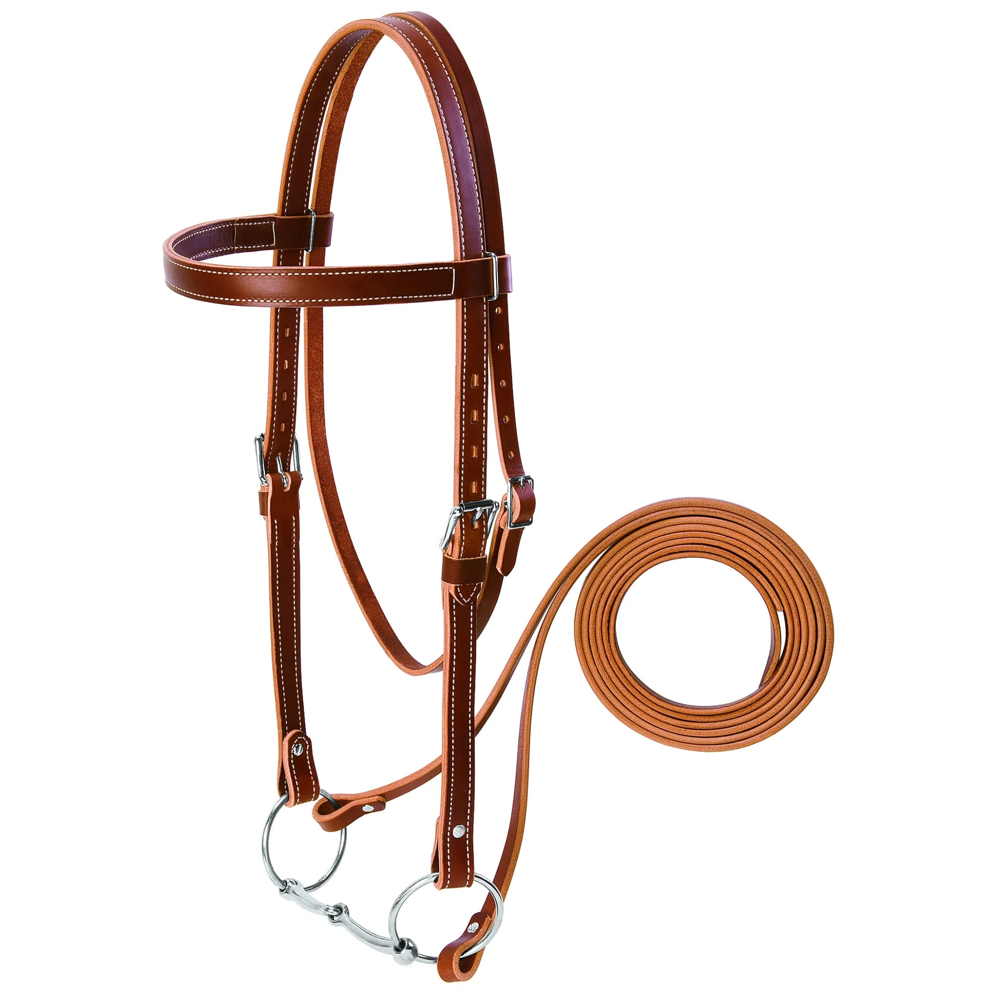 Weaver Leather Draft Horse Riding Bridle featuring rich russet leather with contrasting white stitching. This oversized horse tack set includes a browband headstall with adjustable stainless steel buckles, a silver-toned jointed snaffle bit, and long matching leather reins. Designed specifically for draft breeds, this high-quality bridle offers a classic look and durable construction for everyday riding or professional showing.