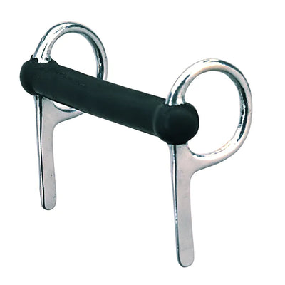 Weaver Leather 5-inch Driving Bit featuring a soft black rubber-covered mullen mouthpiece and polished silver half-cheek rings. This gentle snaffle bit provides clear lateral guidance and prevents the bit from pulling through the mouth, making it ideal for training and sensitive driving horses. A high-quality equestrian essential for a comfortable, controlled driving experience.
