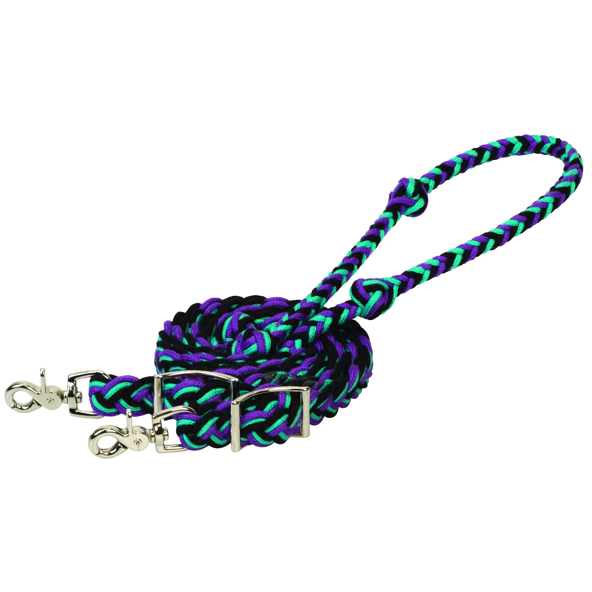Vibrant purple, teal, and black braided Weaver Leather Flat Barrel Reins. These 8' horse reins feature knotted grips for ultimate control and comfort during barrel racing. Equipped with durable silver hardware, including adjustable Conway buckles and heavy-duty swivel scissor snaps for easy bit attachment. High-quality, stylish equestrian tack designed for performance and a secure grip in the arena or on the trail.