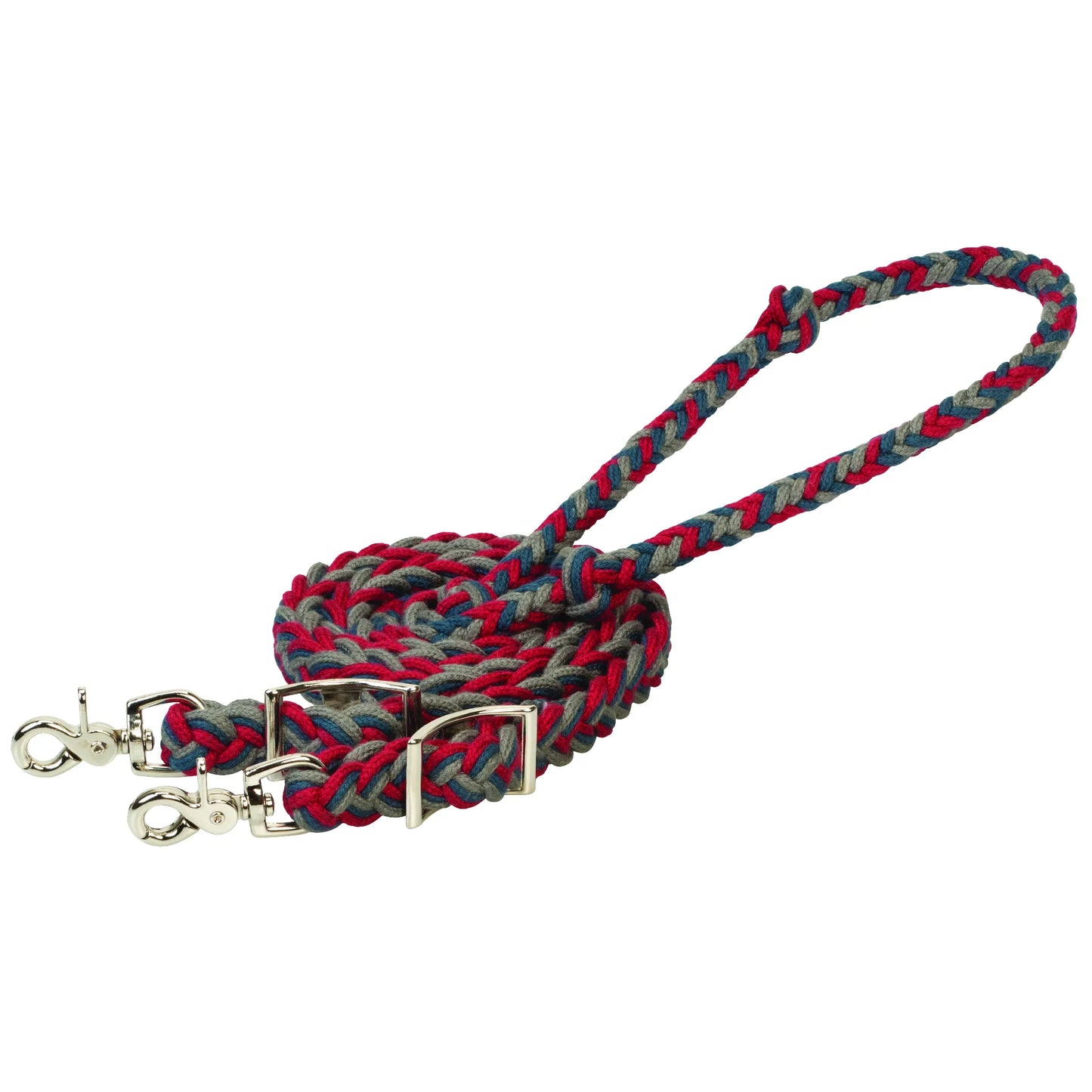 Weaver Leather Flat Barrel Reins featuring a vibrant red, blue, and gray flat braided design. These durable horse riding reins come equipped with nickel-plated swivel snaps and conway buckles for secure attachment and easy adjustment. Designed for a comfortable grip and long-lasting performance, these stylish reins are ideal for barrel racing, western riding, and daily equestrian activities.