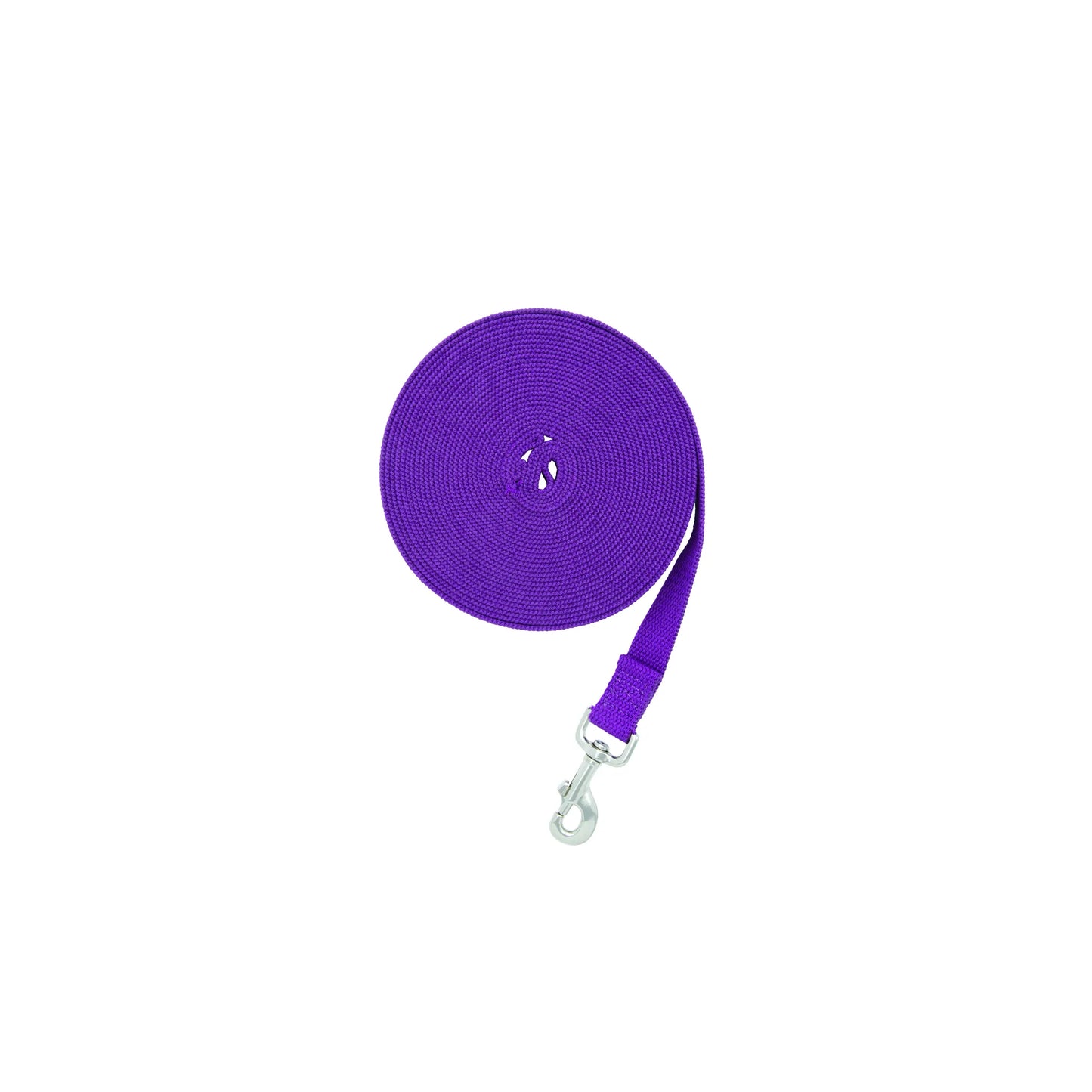Vibrant purple Weaver Leather Flat Cotton Lunge Line coiled for storage, featuring a durable silver bolt snap hook. This high-quality equestrian training tool is perfect for lunging horses, ground work, and improving responsiveness. A must-have addition to your horse tack collection, offering both style and functionality for trainers and horse owners.