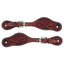 Weaver Leather Floral Carved Ladies' Chestnut Spur Straps in Pony Size. These decorative Western horse riding accessories feature hand-tooled floral patterns with black accents, white contrast stitching, and stainless steel buckles. Crafted from premium chestnut leather, these durable and stylish straps are a perfect addition to any pony's Western tack set.