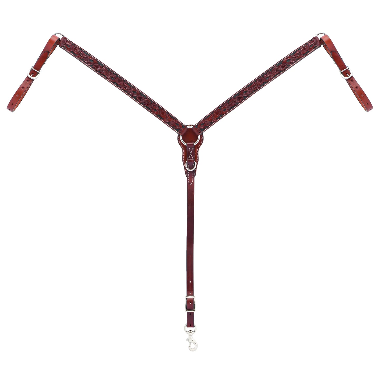 Weaver Leather Floral Carved Straight Breast Collar Chestnut 45-0320. High-quality western horse tack featuring hand-tooled floral carvings with a black background, white contrast stitching, and stainless steel hardware. Durable chestnut leather breastplate designed for style and performance, perfect for barrel racing, horse shows, or trail riding.
