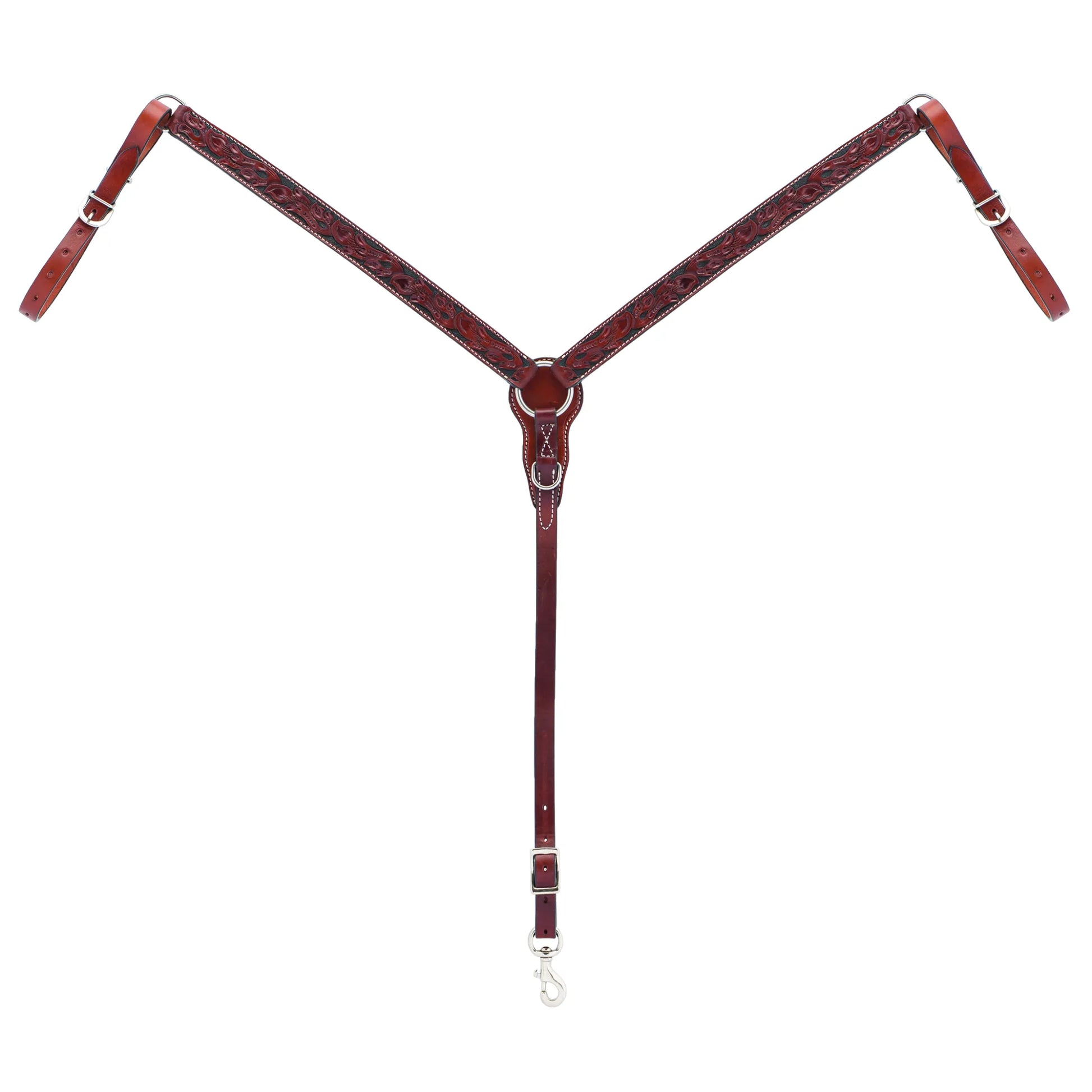 Weaver Leather Floral Carved Straight Breast Collar Chestnut 45-0320. High-quality western horse tack featuring hand-tooled floral carvings with a black background, white contrast stitching, and stainless steel hardware. Durable chestnut leather breastplate designed for style and performance, perfect for barrel racing, horse shows, or trail riding.