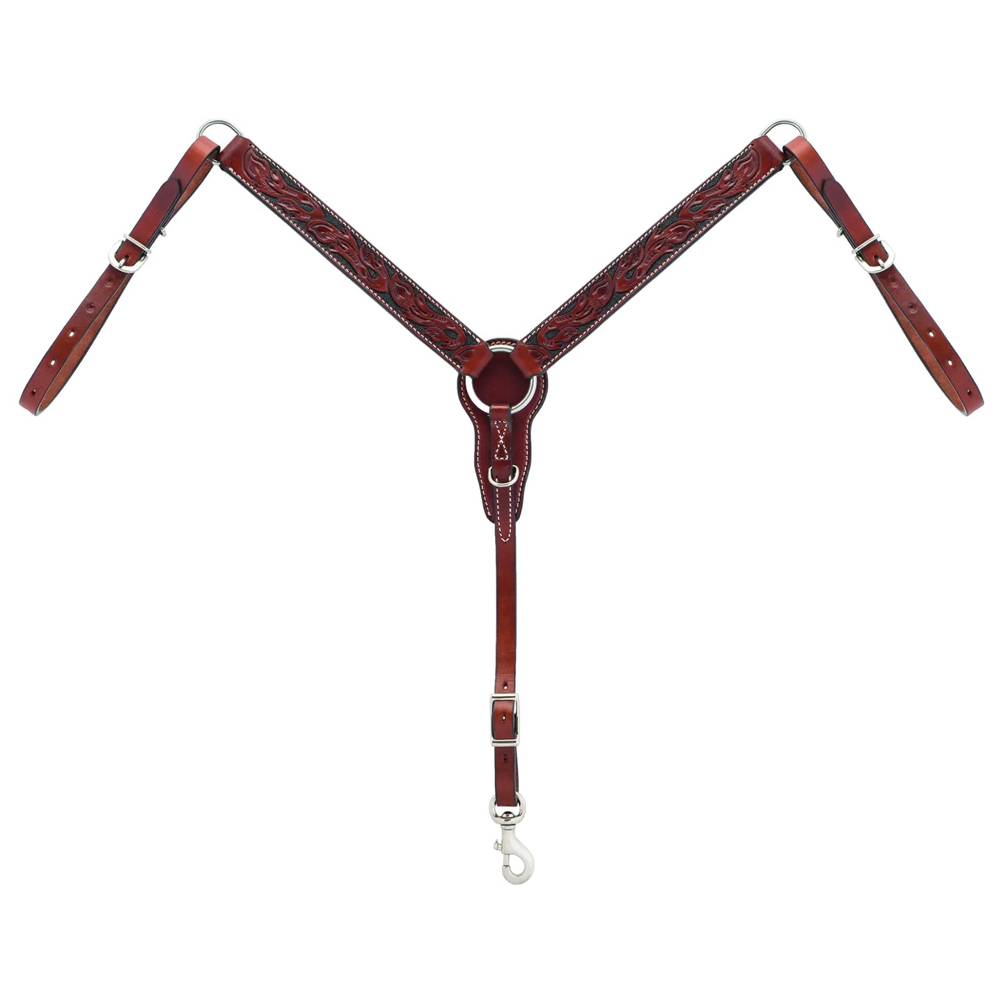Weaver Leather Floral Carved Straight Pony Breast Collar in Chestnut (45-0321). High-quality western horse tack featuring exquisite hand-carved floral detailing with black accents and contrasting white stitching. Includes durable silver-tone buckles and a snap for easy attachment. This elegant straight-style breastplate is designed specifically for ponies, combining style and function for the show ring or trail.