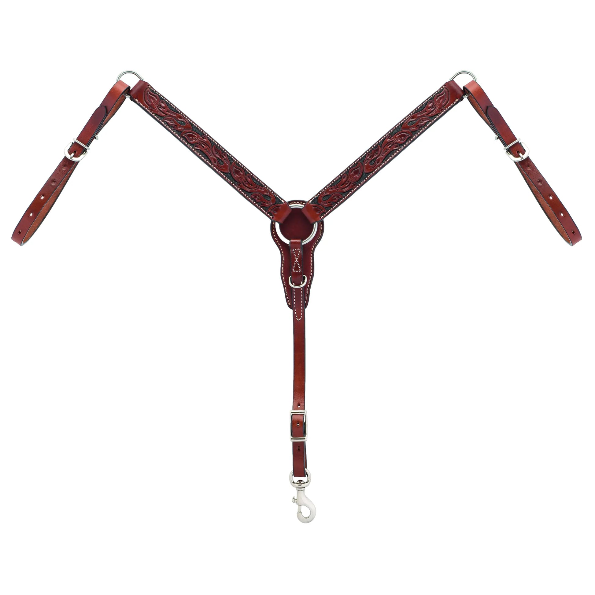 Weaver Leather Floral Carved Straight Pony Breast Collar in Chestnut (45-0321). High-quality western horse tack featuring exquisite hand-carved floral detailing with black accents and contrasting white stitching. Includes durable silver-tone buckles and a snap for easy attachment. This elegant straight-style breastplate is designed specifically for ponies, combining style and function for the show ring or trail.