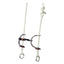 Weaver Leather Gag Bridle featuring white nylon rope cheek pieces and a stainless steel bit with a copper roller mouthpiece. This training set includes reddish-brown leather bit guards and stainless steel rein rings. Designed for equestrian activities like barrel racing and training, this gag bit setup offers precise communication and lift for better horse performance.