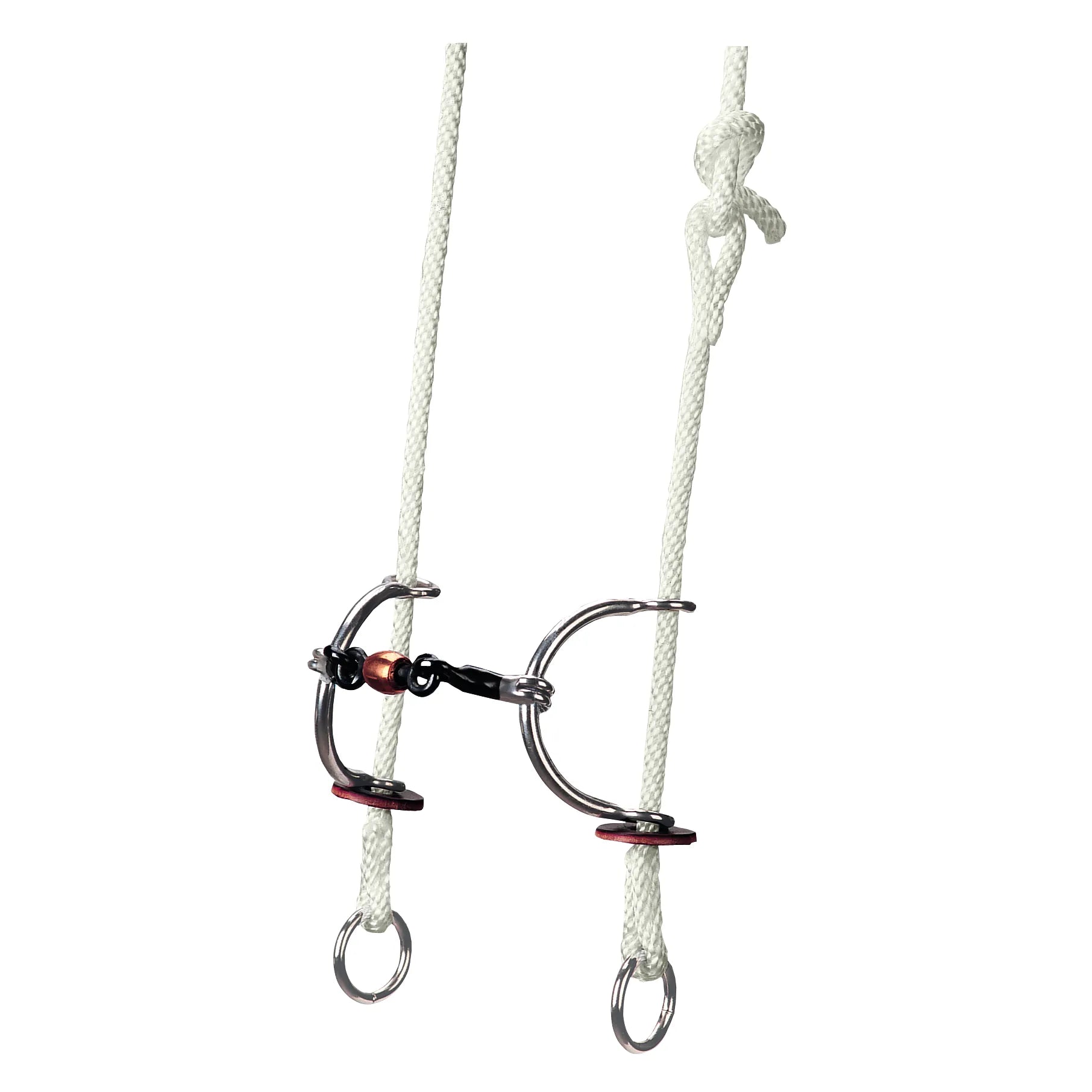 Weaver Leather Gag Bridle featuring white nylon rope cheek pieces and a stainless steel bit with a copper roller mouthpiece. This training set includes reddish-brown leather bit guards and stainless steel rein rings. Designed for equestrian activities like barrel racing and training, this gag bit setup offers precise communication and lift for better horse performance.