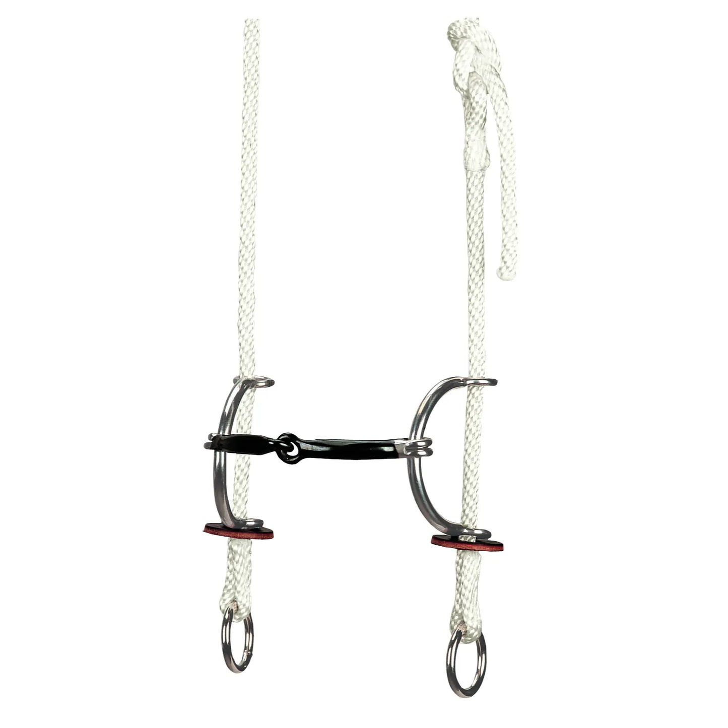 Weaver Leather Gag Bridle featuring white rope construction with a black sweet iron jointed mouthpiece. This equestrian training tool includes silver stainless steel hardware and small red leather bit guards for comfort. Designed for precision and control, this durable horse bridle is ideal for training and western riding disciplines.