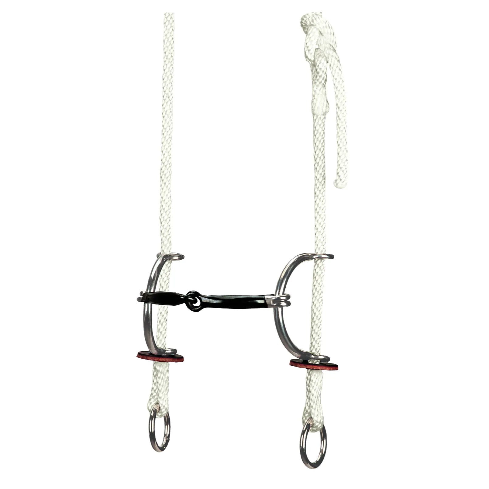 Weaver Leather Gag Bridle featuring white rope construction with a black sweet iron jointed mouthpiece. This equestrian training tool includes silver stainless steel hardware and small red leather bit guards for comfort. Designed for precision and control, this durable horse bridle is ideal for training and western riding disciplines.