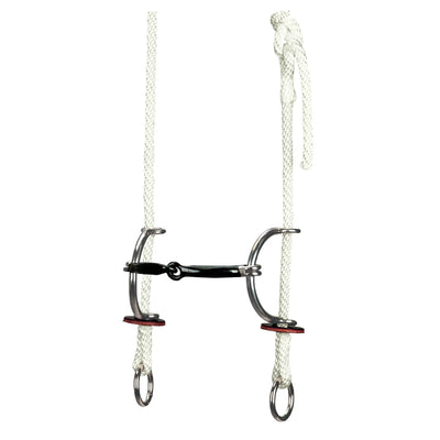 Weaver Leather Gag Bridle featuring white rope construction with a black sweet iron jointed mouthpiece. This equestrian training tool includes silver stainless steel hardware and small red leather bit guards for comfort. Designed for precision and control, this durable horse bridle is ideal for training and western riding disciplines.