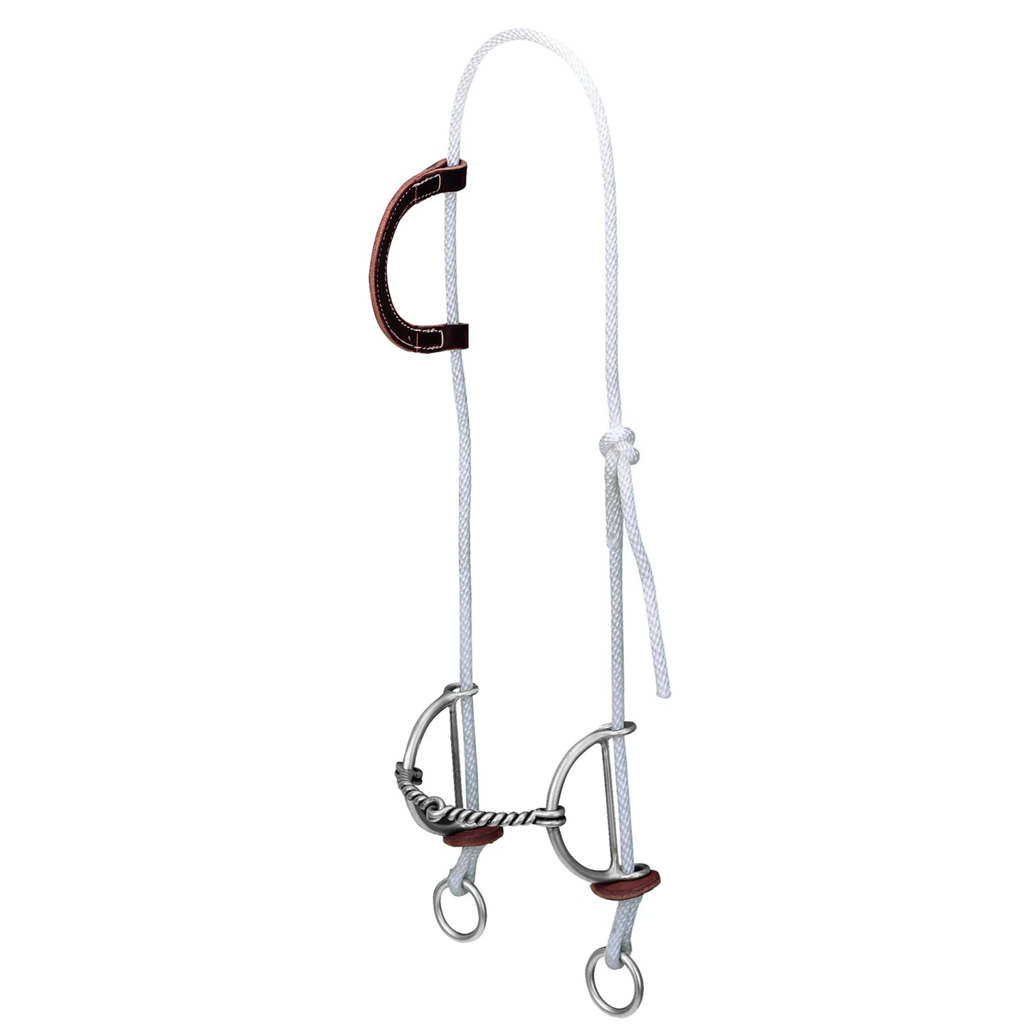 Weaver Leather rope gag bridle with a white poly rope headstall and a rich brown leather ear loop. It features a stainless steel gag bit with a twisted wire mouthpiece and protective leather bit guards. A professional-grade horse training tool designed for barrel racing and performance tuning, this durable western bridle provides exceptional control and communication. Perfect for equestrians seeking high-quality tack for their horse's training regimen.