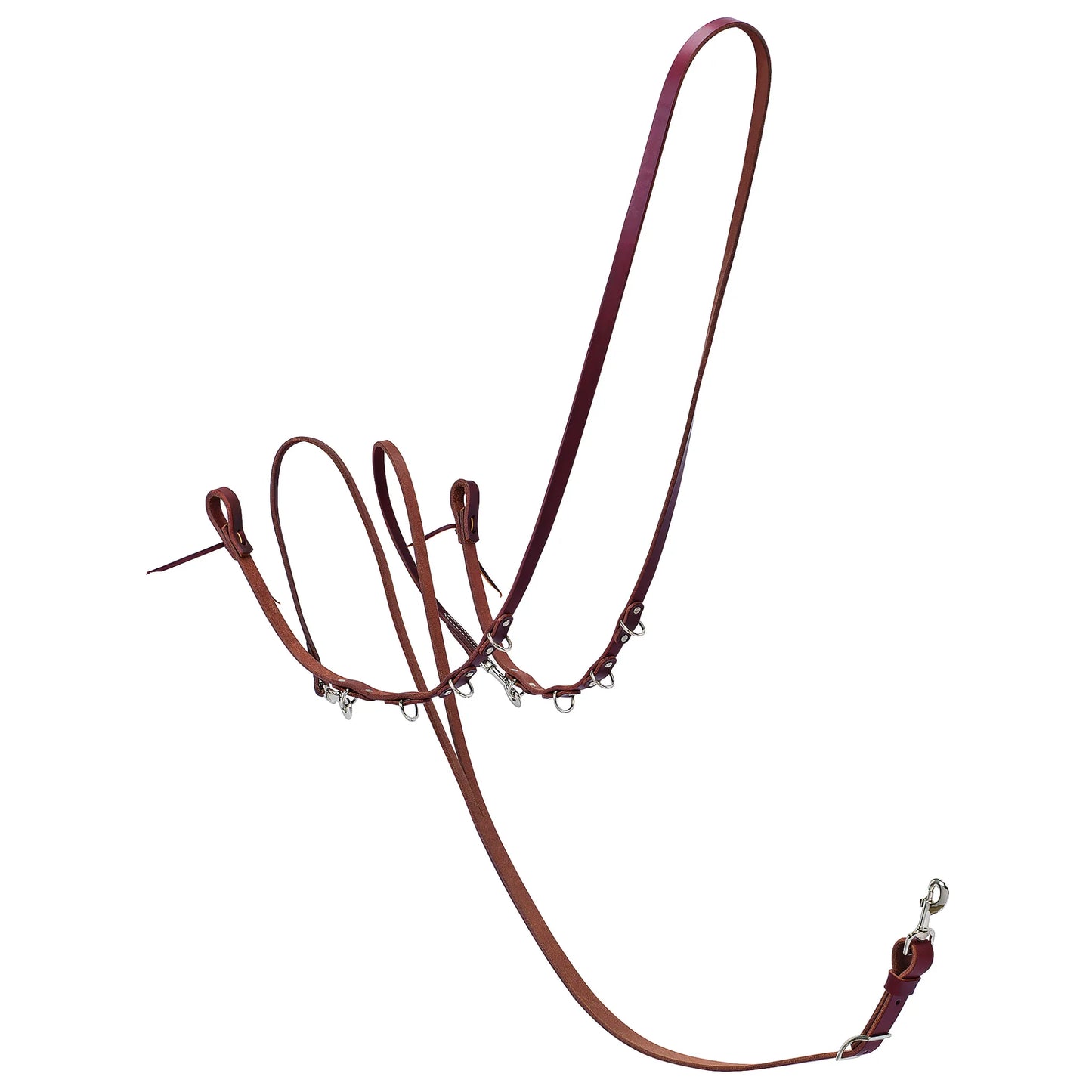 Weaver Leather German Martingale in Golden Chestnut, a premium horse training aid for enhanced control. This high-quality equestrian gear features durable leather reins, multiple adjustment rings, and heavy-duty snap ends for precise refinement. Ideal for professional trainers and riders looking to improve head carriage and responsiveness. Crafted from beautiful chestnut brown leather with durable hardware, perfect for daily training or show preparation.