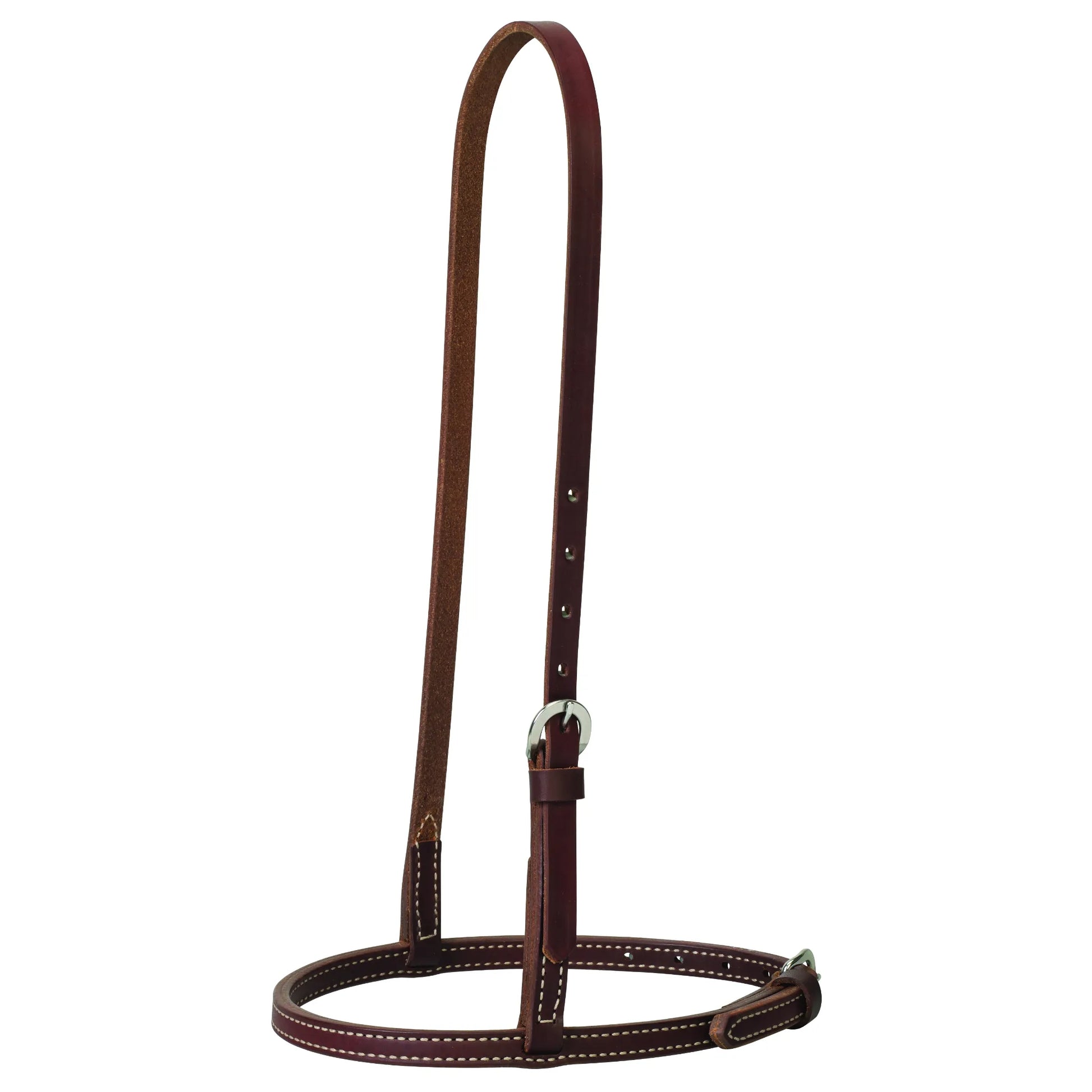 Weaver Leather Golden Chestnut Caveson crafted from premium rich brown leather with classic white contrast stitching. This horse noseband features adjustable straps with durable silver buckles to ensure a secure, custom fit. High-quality equestrian tack ideal for various riding disciplines, providing both durability and professional style for your horse's bridle setup.
