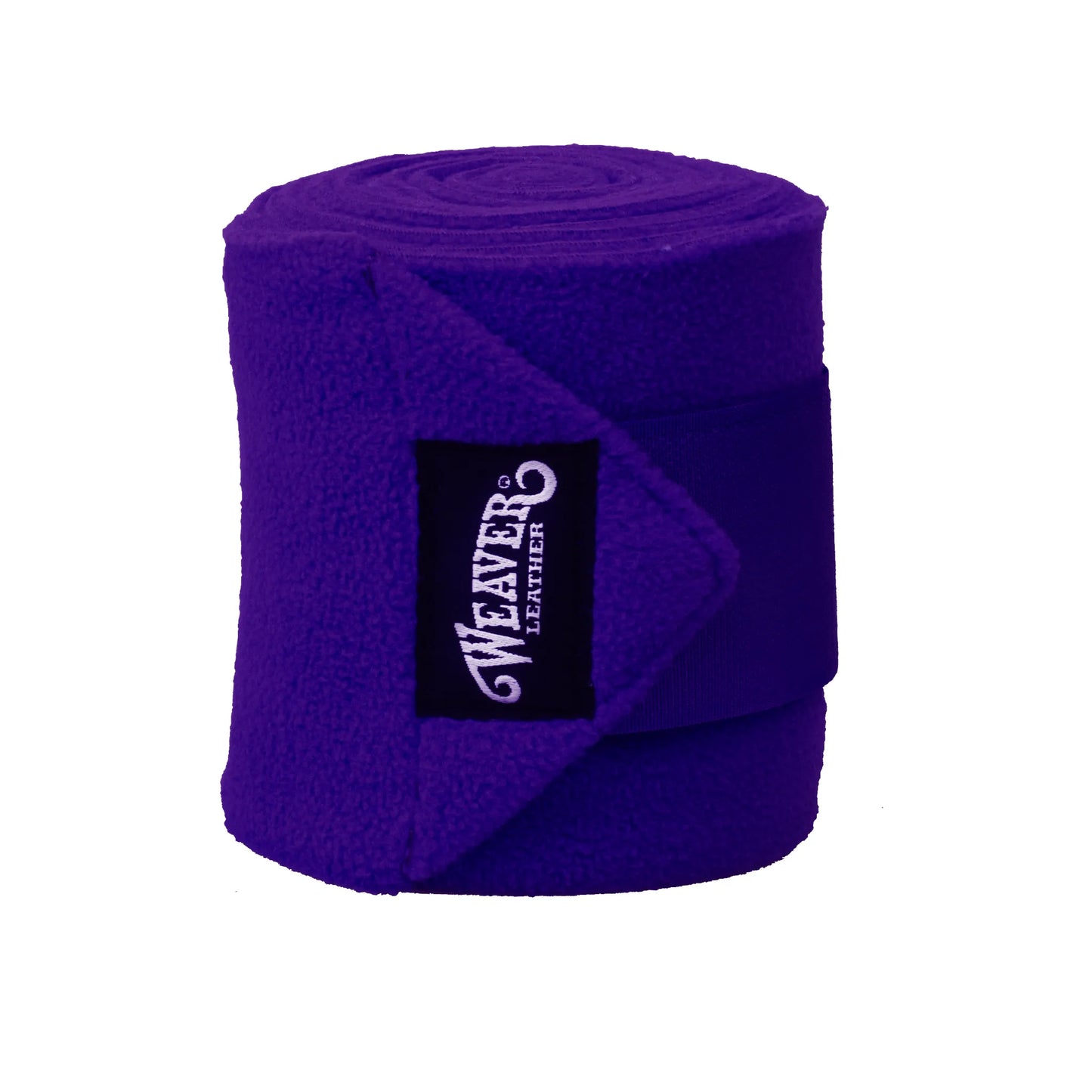 Single roll of Weaver Leather Grape Polo Leg Wraps in a vibrant purple hue. Crafted from premium soft fleece, these equestrian leg wraps feature a secure black Velcro closure tab with the Weaver Leather logo. Designed for horse leg support and protection during training, exercise, or shipping, these durable fleece wraps provide comfort and a professional look for your horse's legs.