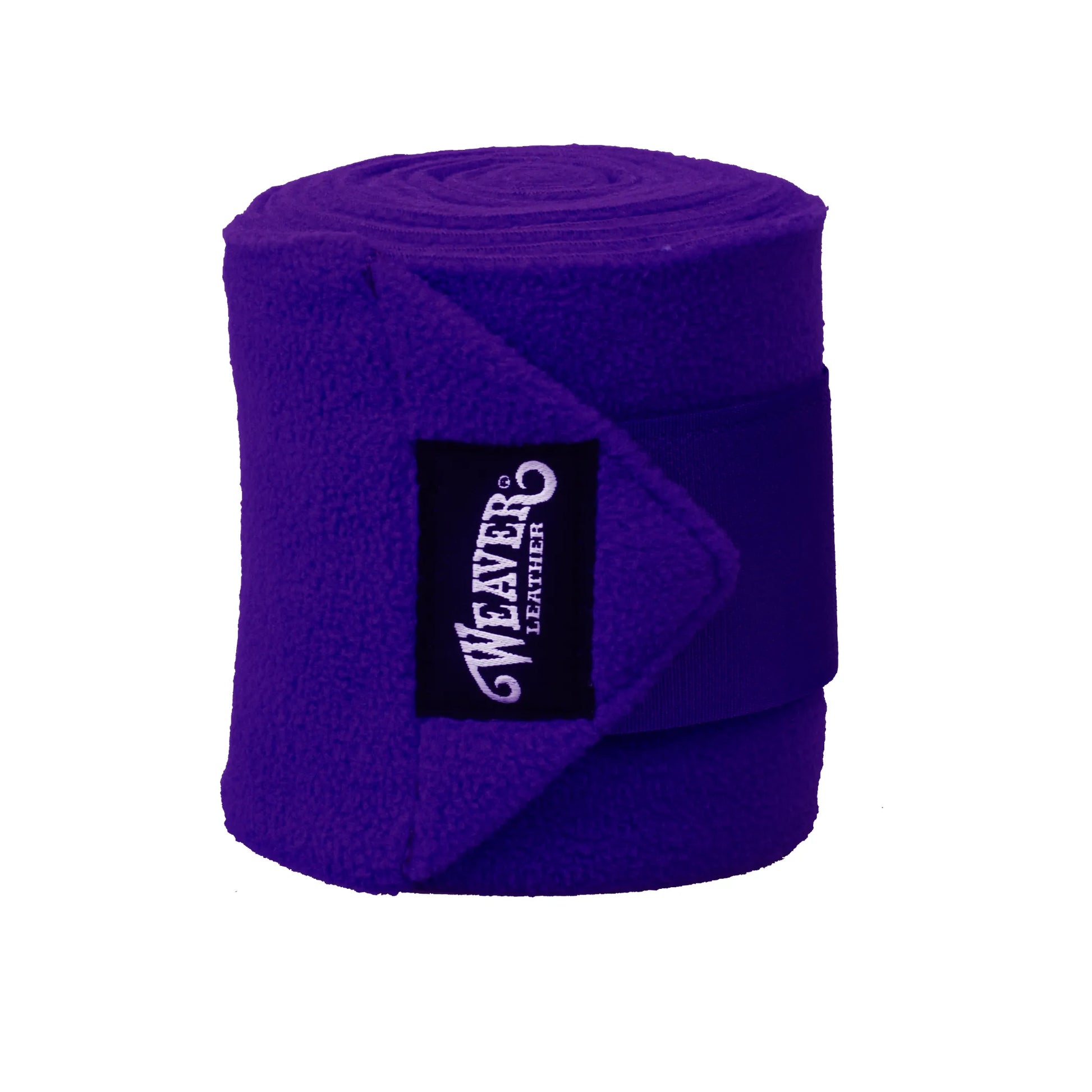 Single roll of Weaver Leather Grape Polo Leg Wraps in a vibrant purple hue. Crafted from premium soft fleece, these equestrian leg wraps feature a secure black Velcro closure tab with the Weaver Leather logo. Designed for horse leg support and protection during training, exercise, or shipping, these durable fleece wraps provide comfort and a professional look for your horse's legs.