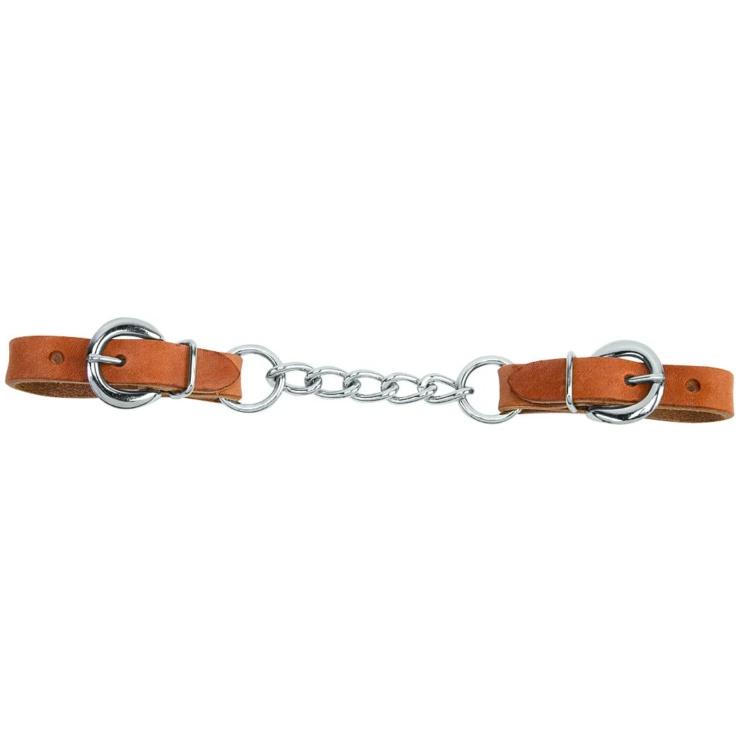 Weaver Leather russet harness leather curb strap with a heavy-duty single link chrome-plated chain center. This professional equestrian gear features adjustable buckles on both ends for a secure fit on western horse bits. Durable and high-quality horse tack designed for precise control, perfect for riders looking for reliable curb chain performance.