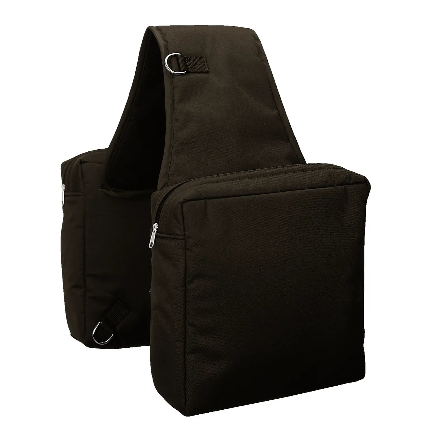 Weaver Leather Heavy Duty Saddle Bag in chocolate brown featuring two spacious zippered storage compartments and a wide bridge for secure placement over a horse's saddle. Constructed from rugged material, this double saddlebag includes metal D-rings for easy attachment and stability during trail rides. Perfect horse riding gear for carrying essentials and equipment on long treks. Durable and practical equestrian accessory designed for western or endurance saddles.
