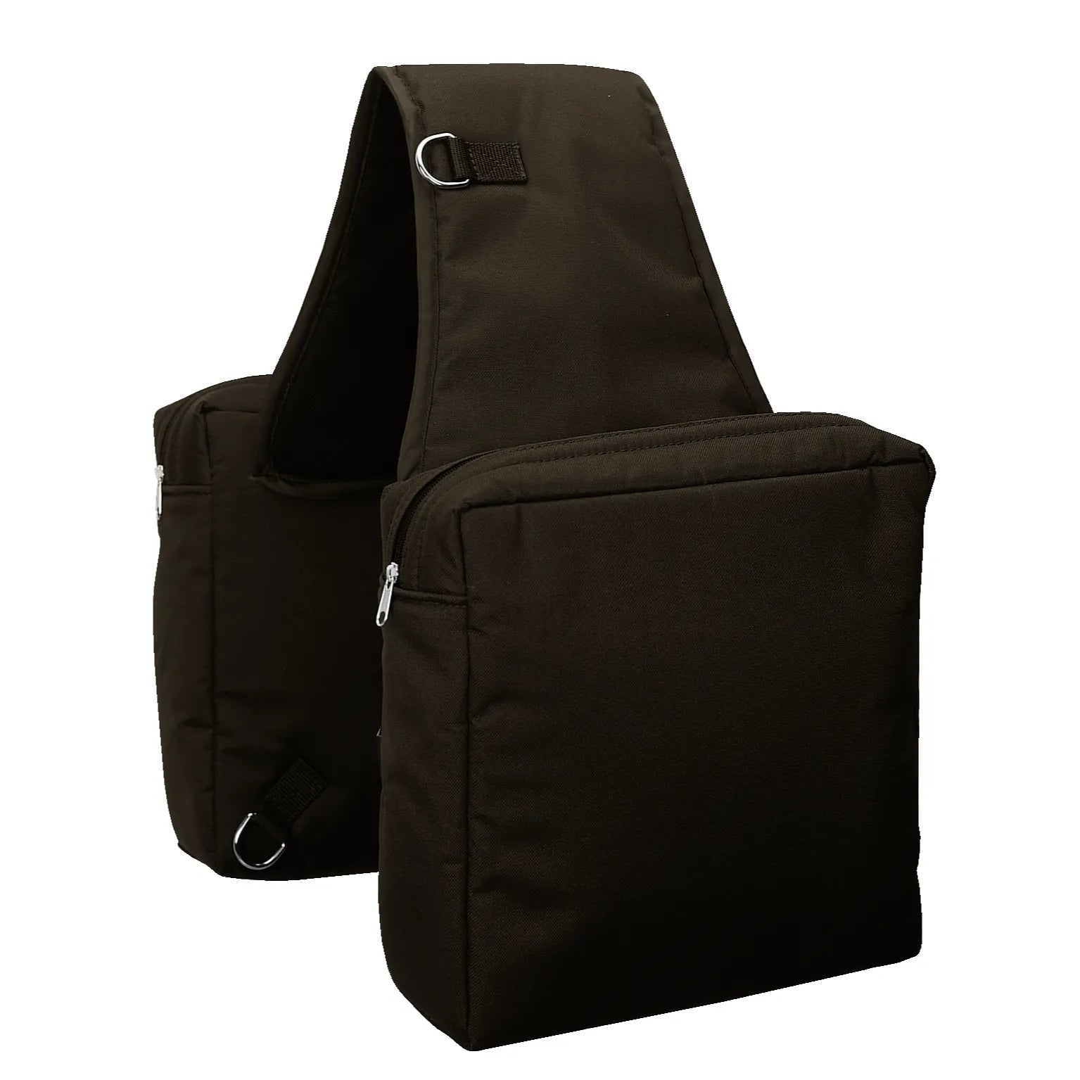 Weaver Leather Heavy Duty Saddle Bag in chocolate brown featuring two spacious zippered storage compartments and a wide bridge for secure placement over a horse's saddle. Constructed from rugged material, this double saddlebag includes metal D-rings for easy attachment and stability during trail rides. Perfect horse riding gear for carrying essentials and equipment on long treks. Durable and practical equestrian accessory designed for western or endurance saddles.