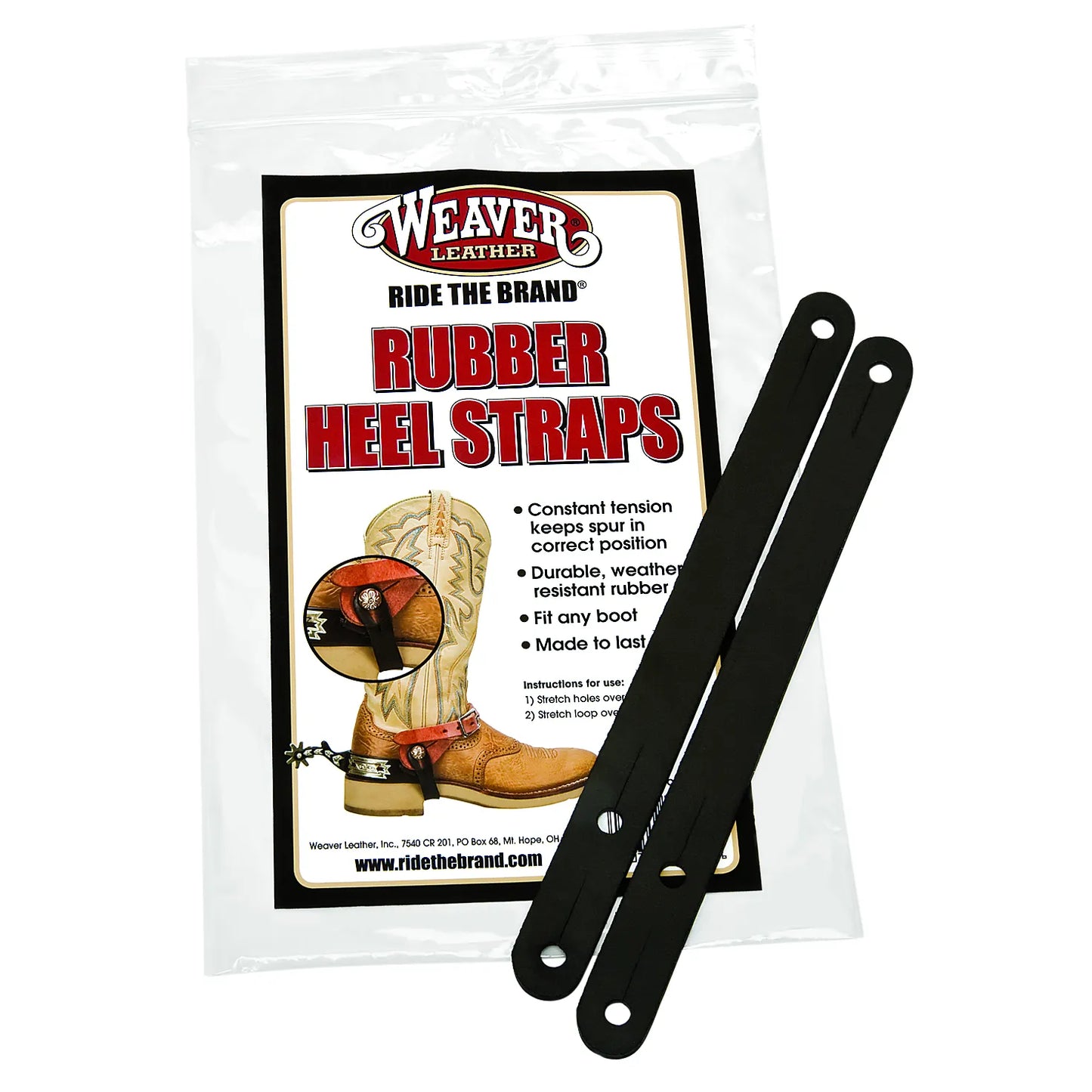 Weaver Leather black rubber heel straps designed to secure spurs on western cowboy boots. These durable, weather-resistant straps provide constant tension to keep spurs in the correct position for horse riding. The product packaging shows a cowboy boot with a spur and rubber strap attached, highlighting its universal fit and long-lasting quality. Ideal equestrian accessory for securing spurs during rides.
