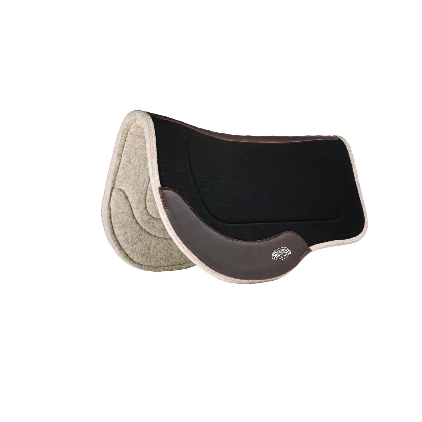 Weaver Leather Herculon Trail Saddle Pad featuring a durable black fabric top and a thick, moisture-wicking wool felt bottom. This contoured western saddle pad includes premium brown leather wear leathers and a curved design specifically shaped for trail saddles to ensure maximum comfort and pressure relief for your horse. Ideal for long trail rides and everyday equestrian performance.
