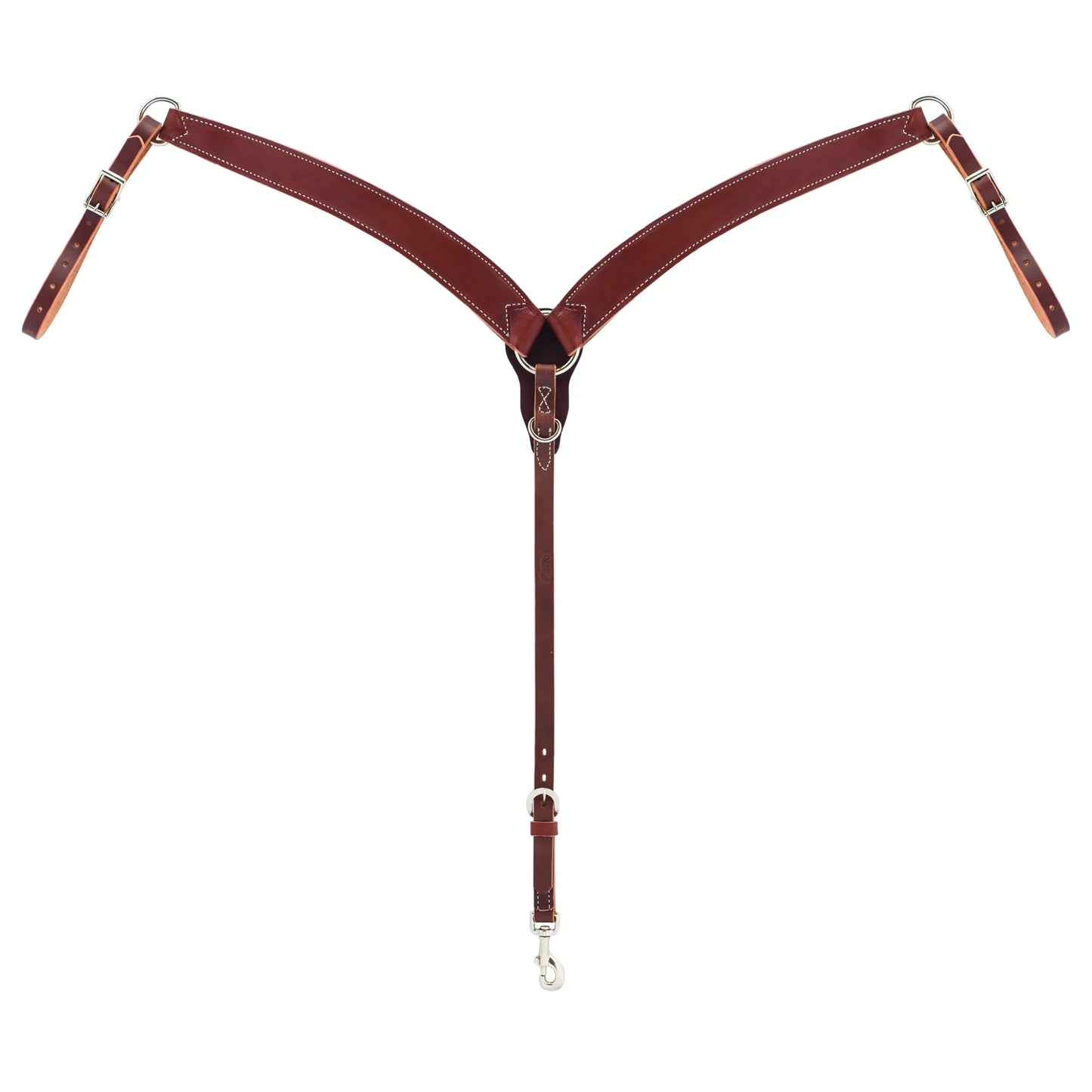 Weaver Leather Horizons Contoured Ring-in-Center Breast Collar (40-0875-ST) in rich mahogany leather with elegant white stitching. Designed for an optimal fit, this Western horse tack features durable stainless steel hardware, adjustable tug straps, and a snap-hook cinch strap. Perfect for trail or performance riding, this contoured leather breast collar adds a professional touch to any equestrian's saddle setup.