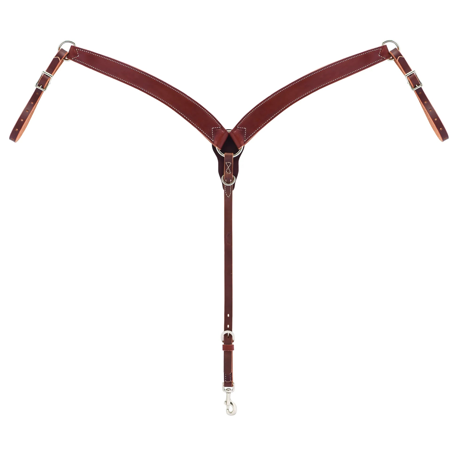 Weaver Leather Horizons Contoured Ring-in-Center Breast Collar (40-0875-ST) in rich mahogany leather with elegant white stitching. Designed for an optimal fit, this Western horse tack features durable stainless steel hardware, adjustable tug straps, and a snap-hook cinch strap. Perfect for trail or performance riding, this contoured leather breast collar adds a professional touch to any equestrian's saddle setup.