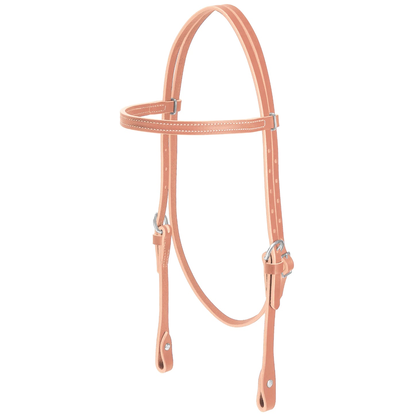 Weaver Leather Horizons western headstall crafted from premium golden brown leather. Features a classic straight browband design with elegant white contrast stitching and durable silver-toned hardware. This adjustable horse headstall includes a throatlatch and cheekpieces for a secure fit, making it a stylish and functional choice for trail riding, ranch work, or daily equestrian training.